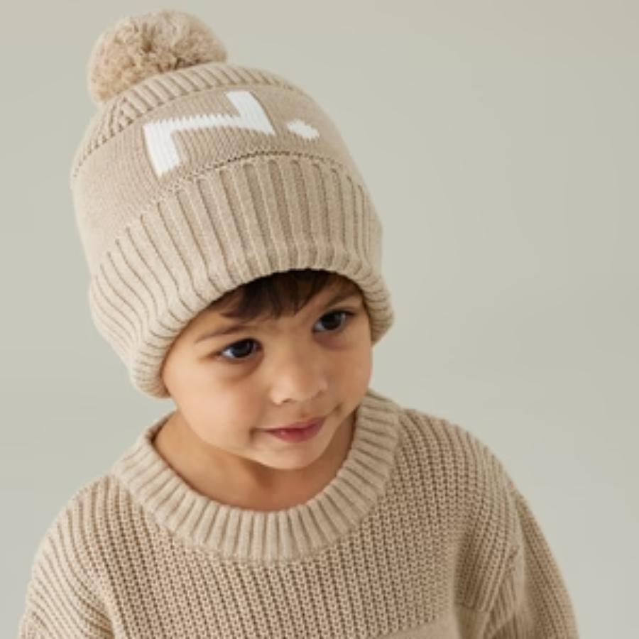 Chunky Knit Letter Beanie - Light Camel; Letter: Oatmeal