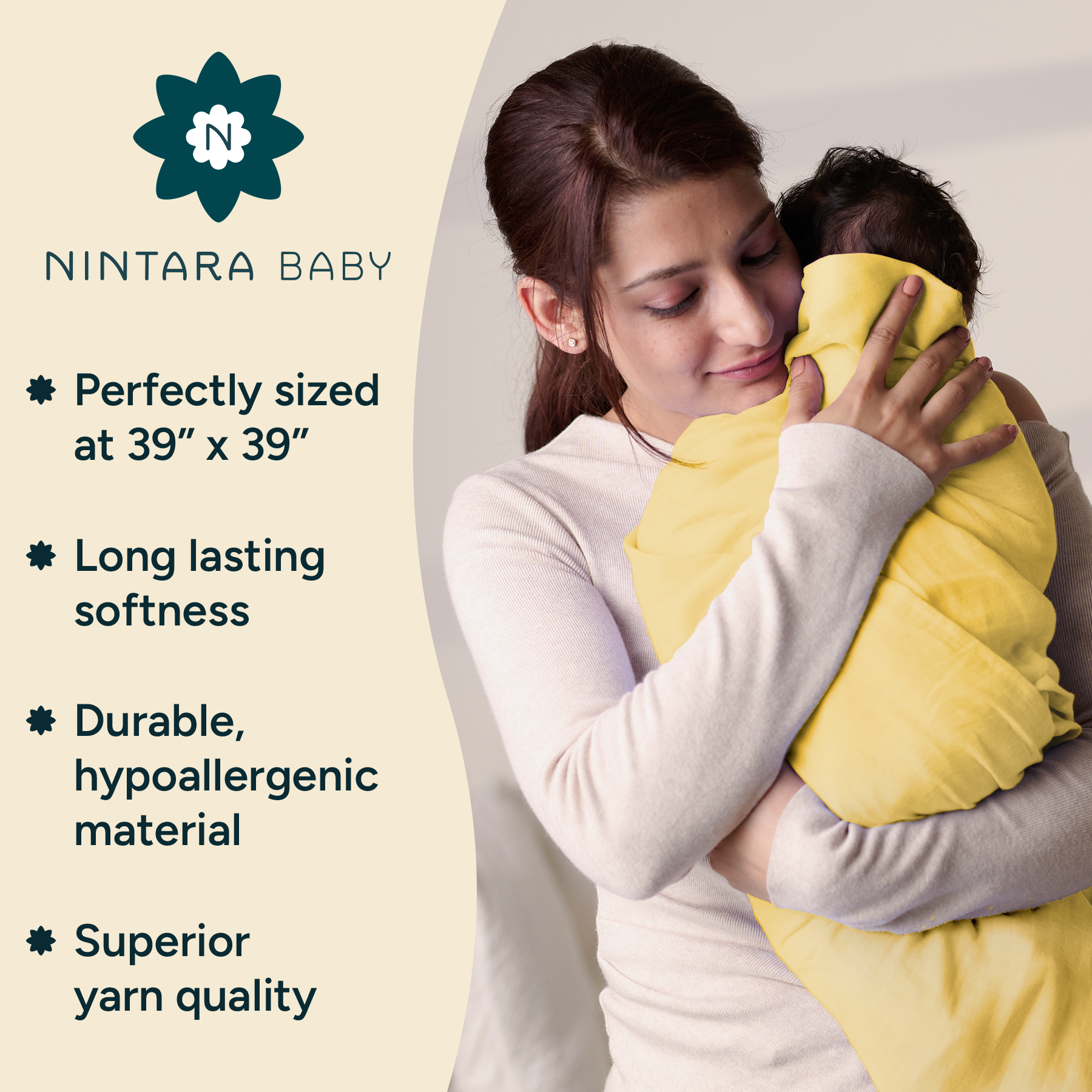 Nintara Baby Swaddle - 100% Organic Premium Muslin Cotton, 39" x 39" (100 cm x 100 cm), Ultra-Soft, Breathable & Lightweight, Multipurpose, Unisex, Hypoallergenic, Gifts for Newborn Babies