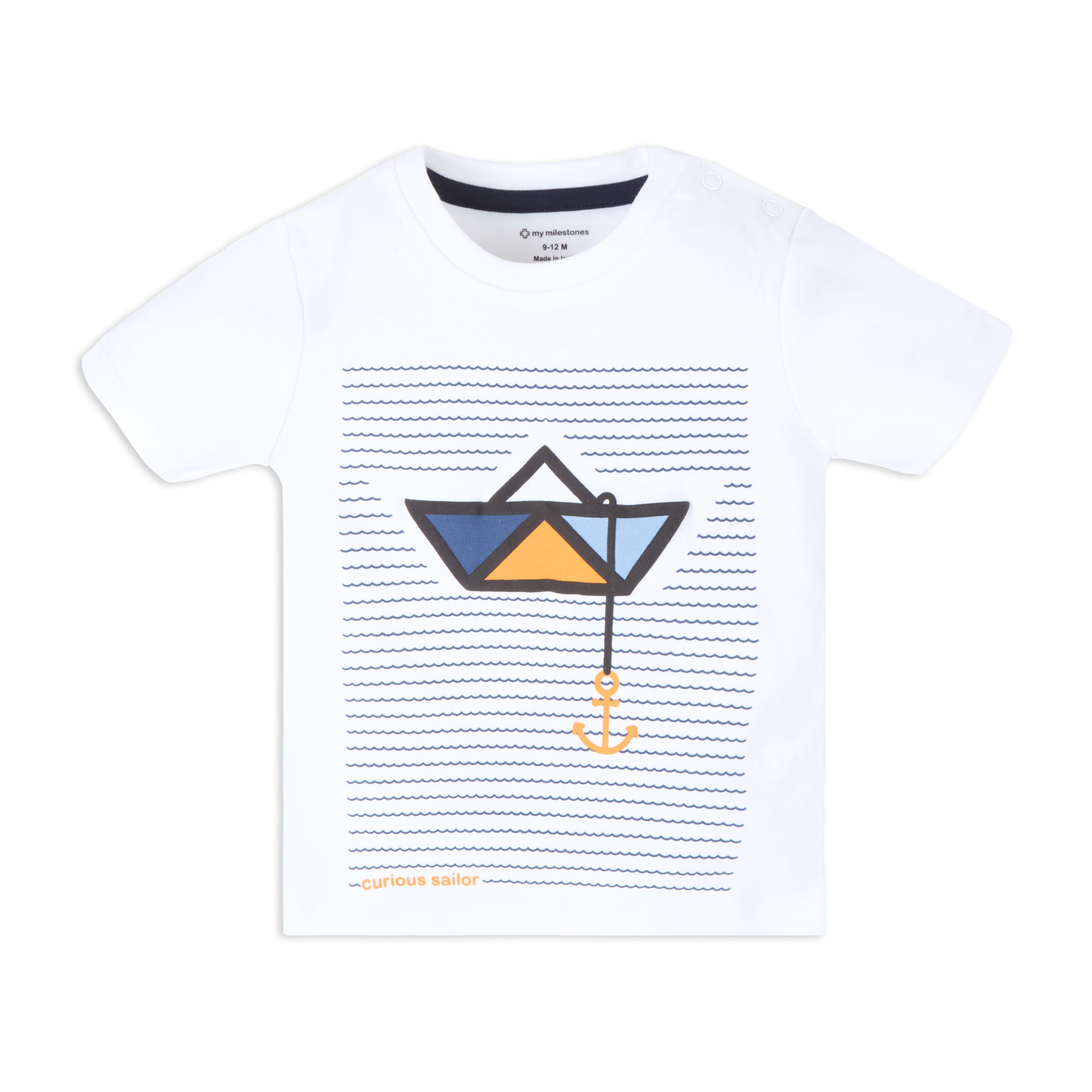 Puff Print Baby Boy Round Neck Tee with Denim Shorts - White & Blue