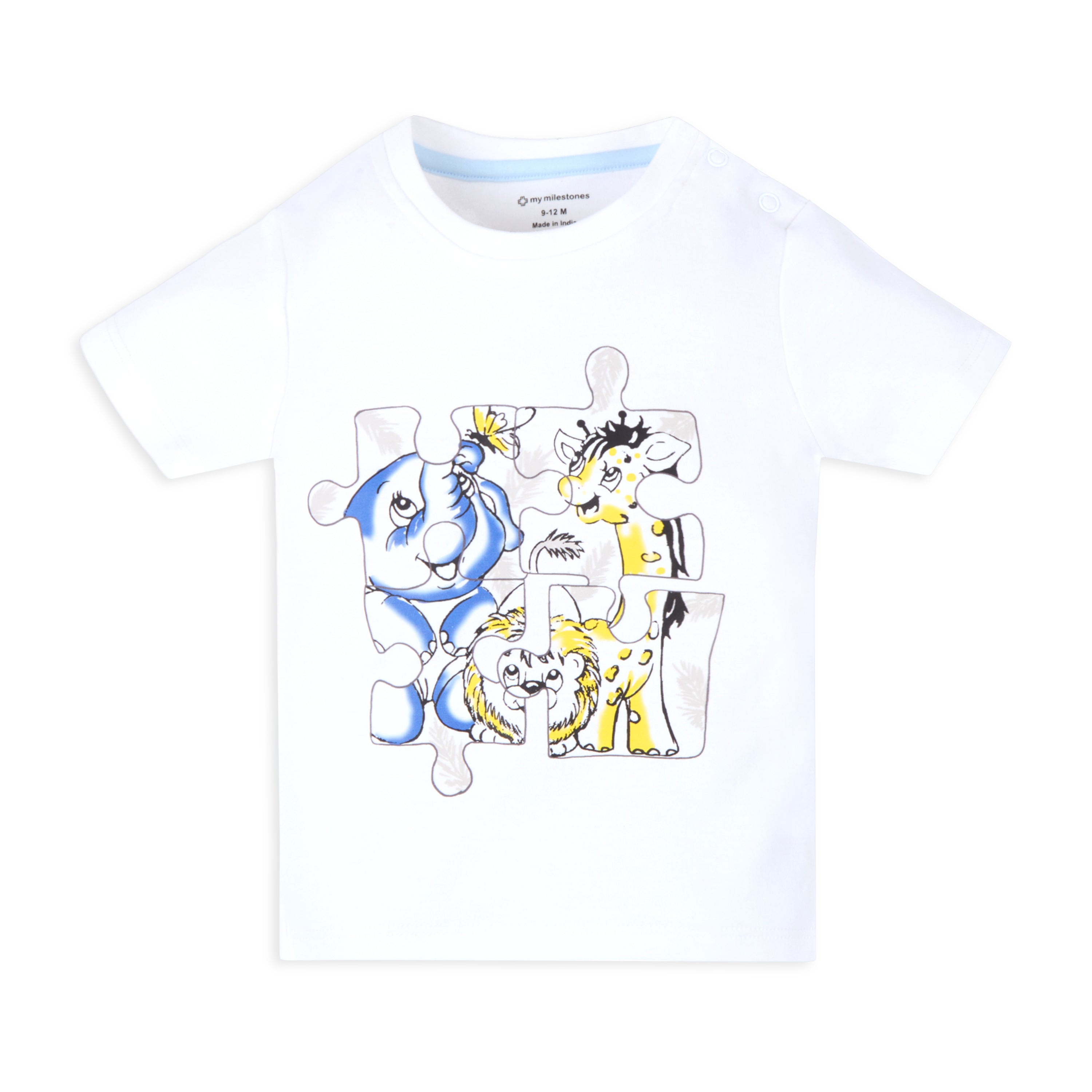 Printed Baby Boy Round Neck Tee with Chambray Shorts - White & Blue