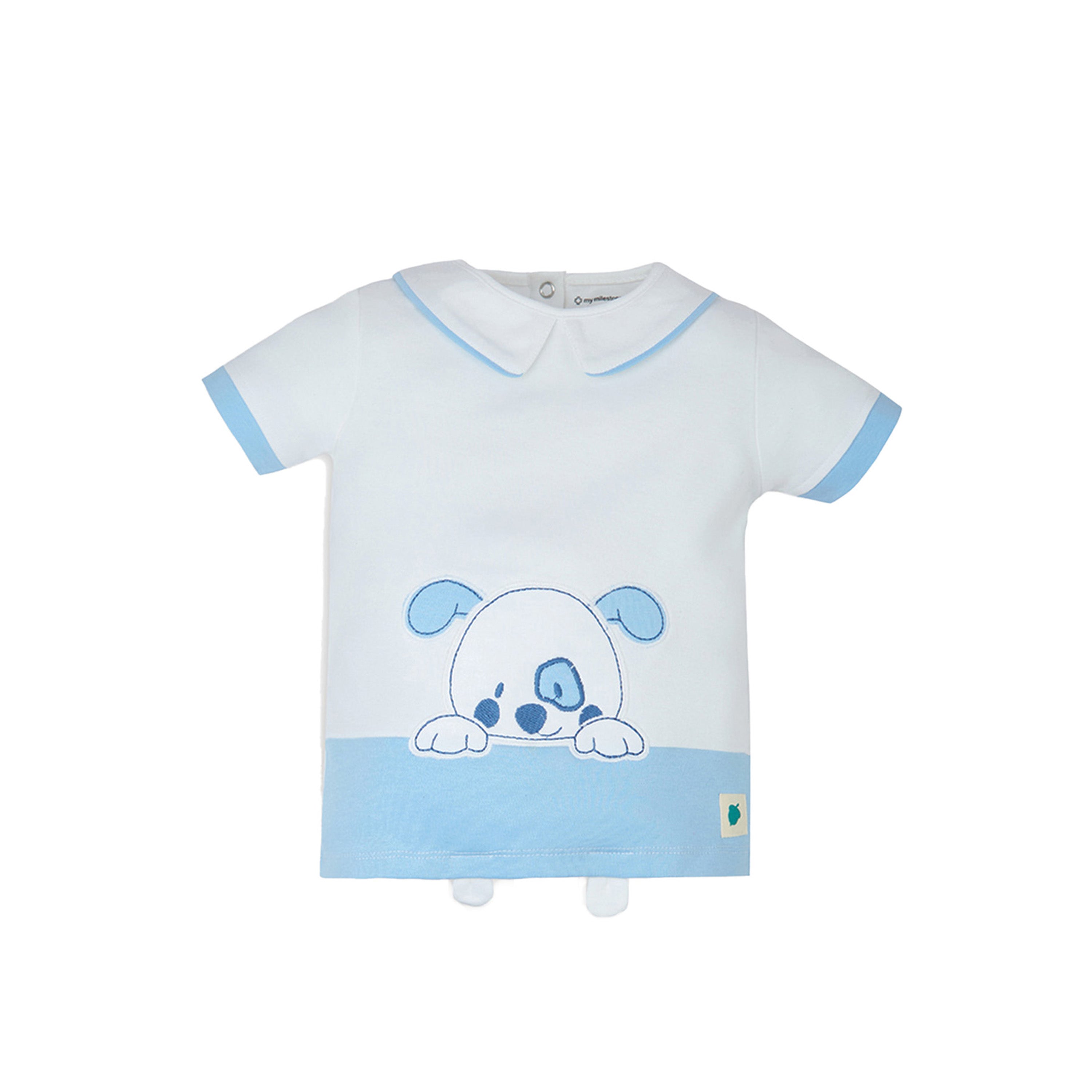 My Milestones Bio-Wash 100% Cotton Barnyard Dog Applique Embroidered Tee with Color Block Shorts - White & Blue