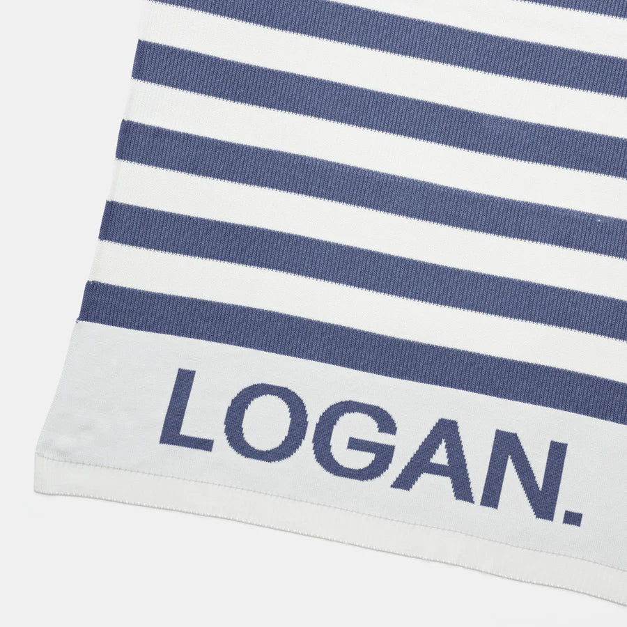 Hamptons Stripe Name Blanket - Ivory; Stripe: Denim Blue; Letter: Denim Blue