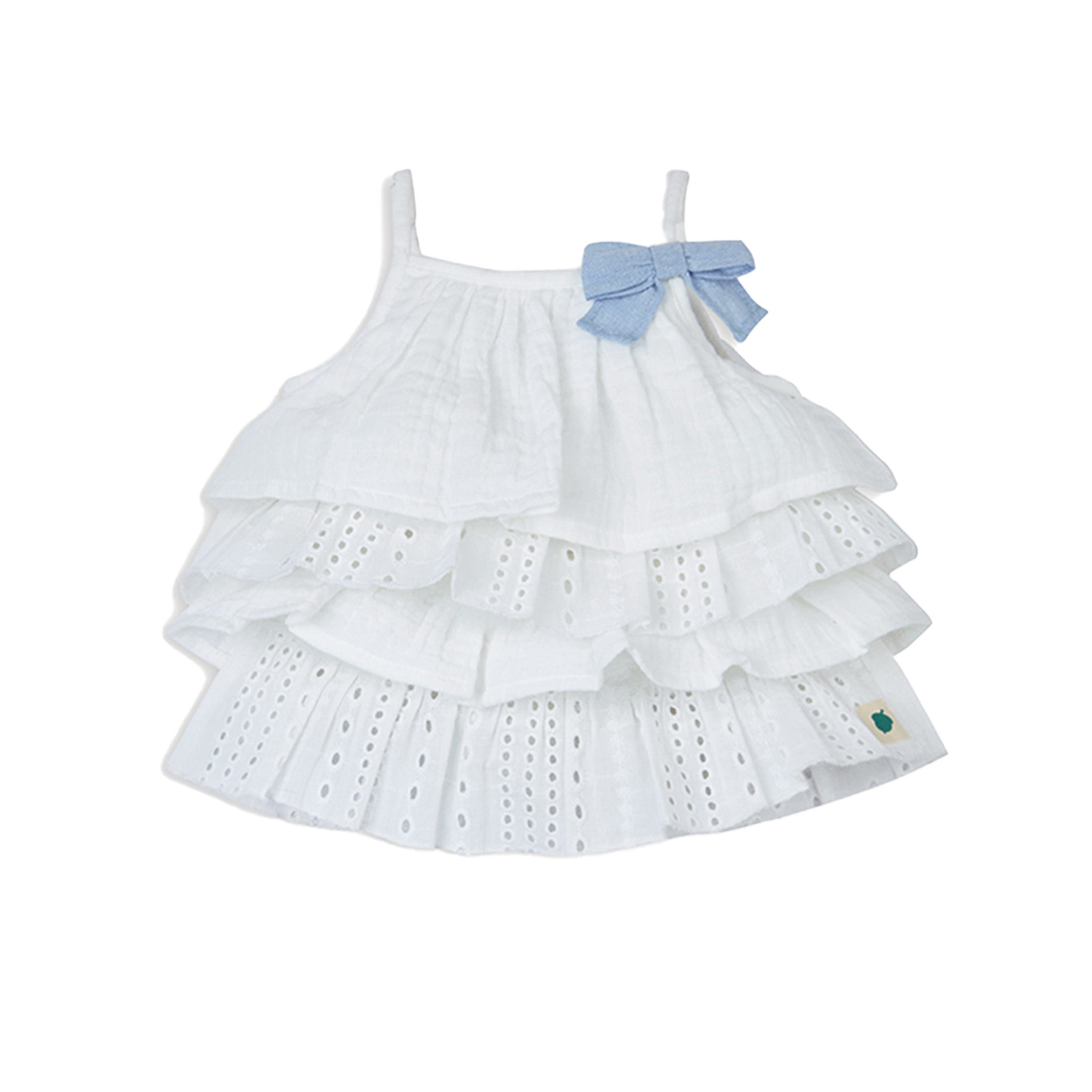 Mia Sky Tiered Top in Eyelet & Double Cloth with Chambray Shorts Set - White & Blue