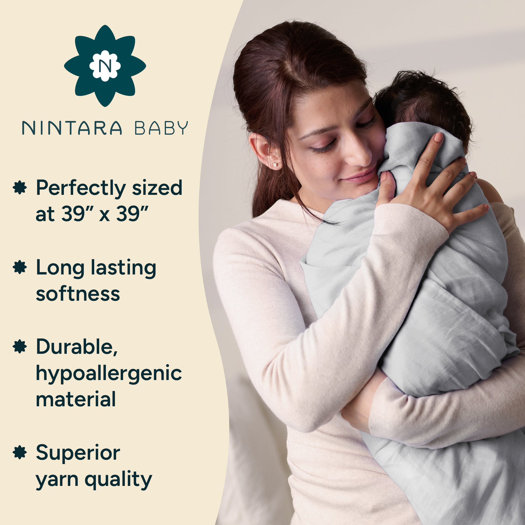 Nintara Baby Swaddle - 100% Organic Premium Muslin Cotton, 39" x 39" (100 cm x 100 cm), Ultra-Soft, Breathable & Lightweight, Multipurpose, Unisex, Hypoallergenic, Gifts for Newborn Babies