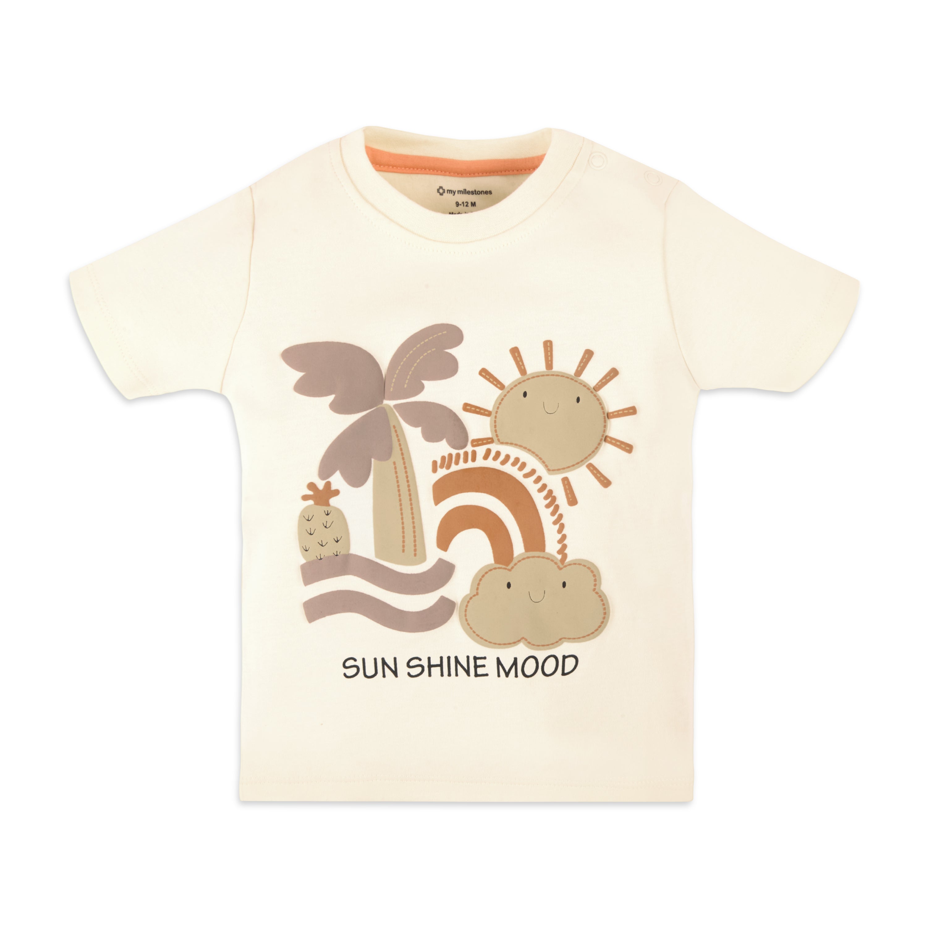 Puff Print Baby Boy Round Neck Tee with Shorts - Ecru