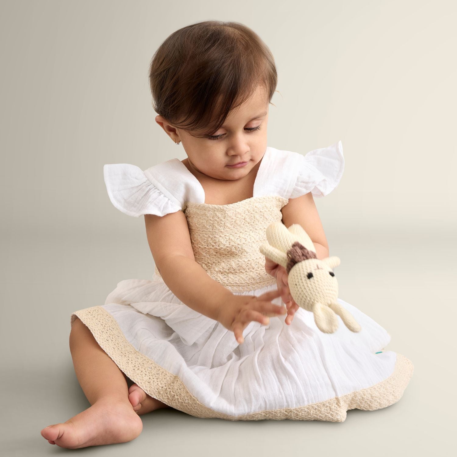 My Milestones Dove Crochet Yoke Dress in Double Cloth with Crochet Lace Details - White