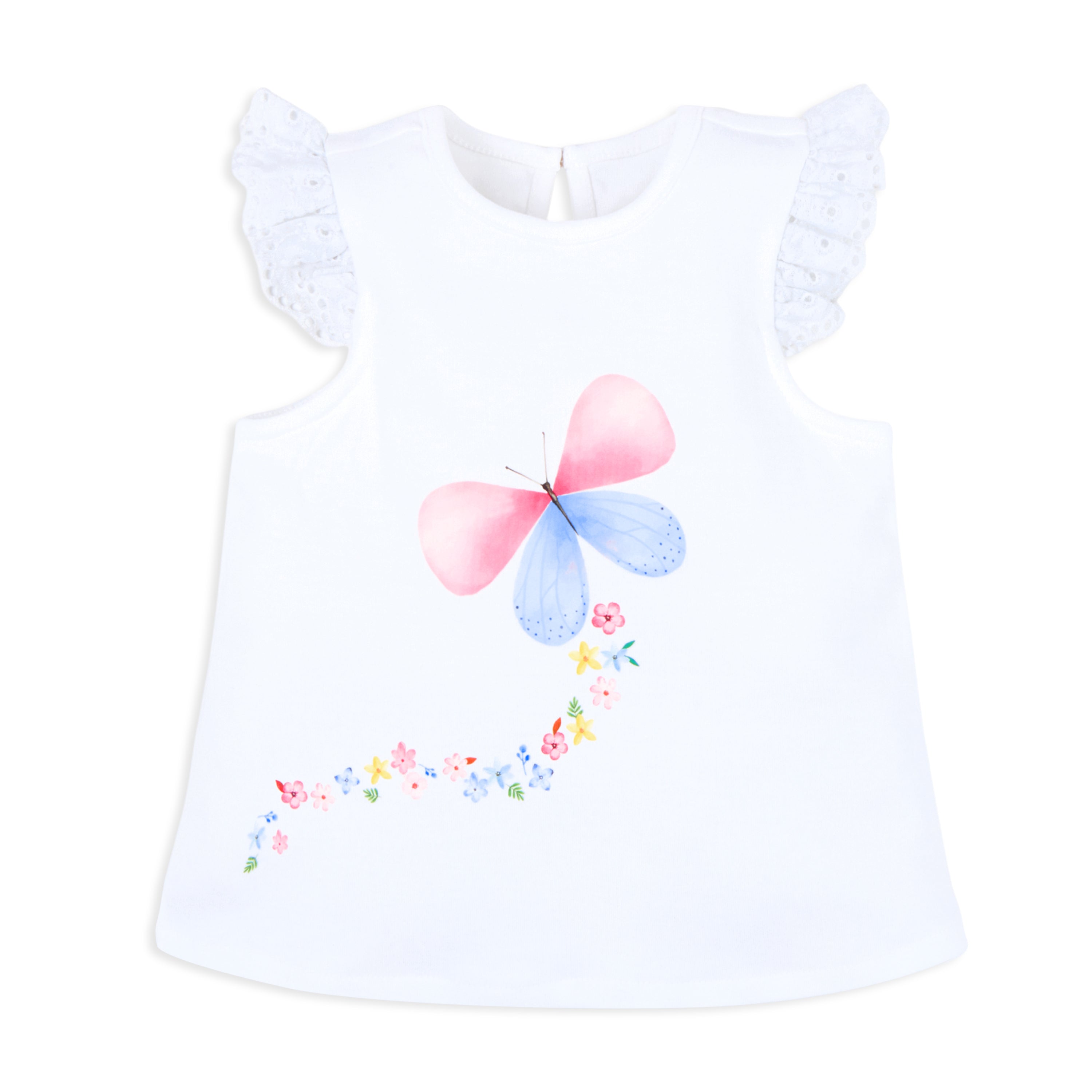 Butterfly Print Tee With Denim Shorts & Hairband - White & Blue
