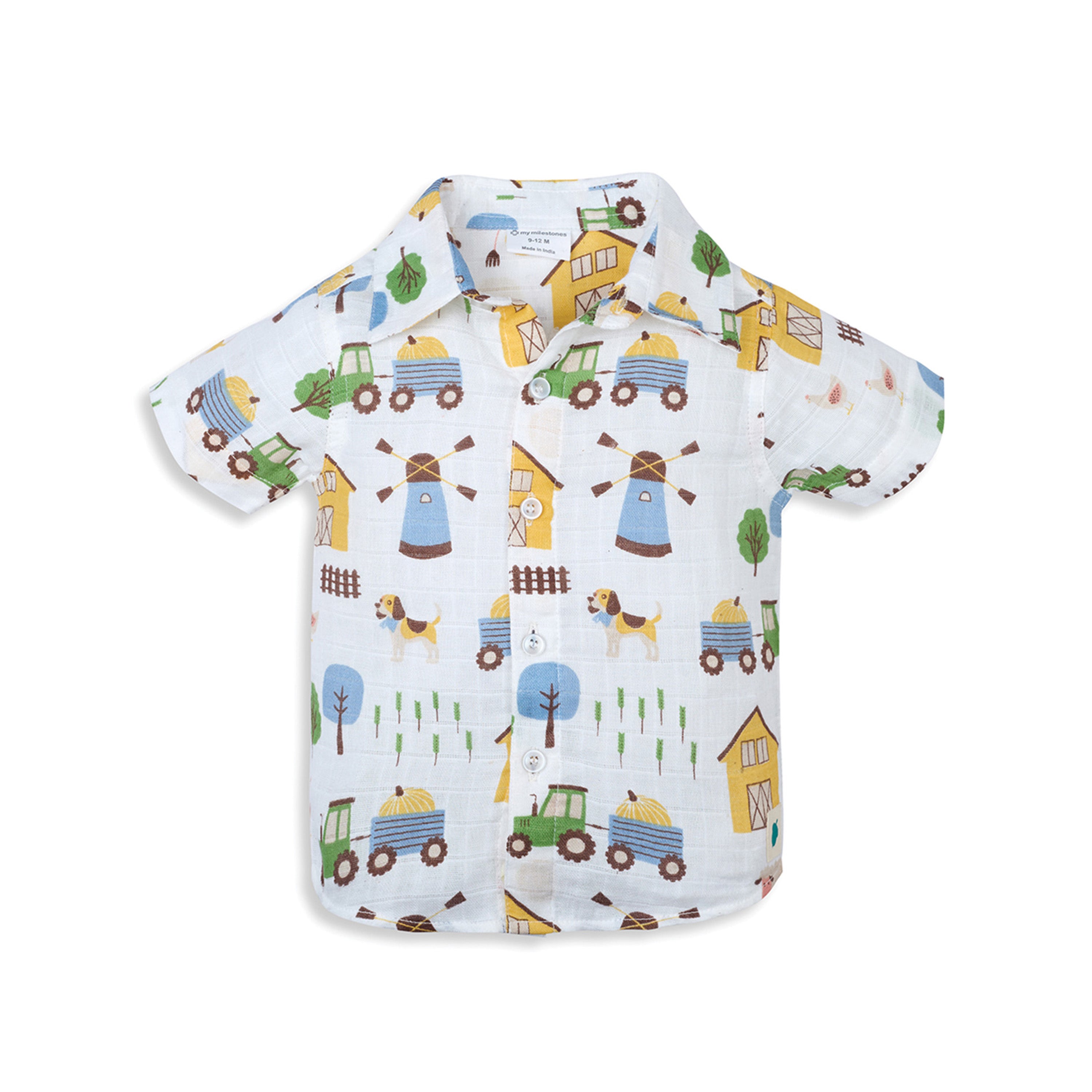 My Milestones Short Sleeves Front Open Soft Muslin Shirt with Barnyard Print and Pure Cotton Denims Set - White & Denim