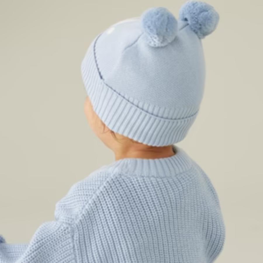 Double Pom Pom Beanie - Kentucky Blue; Letter: Ivory
