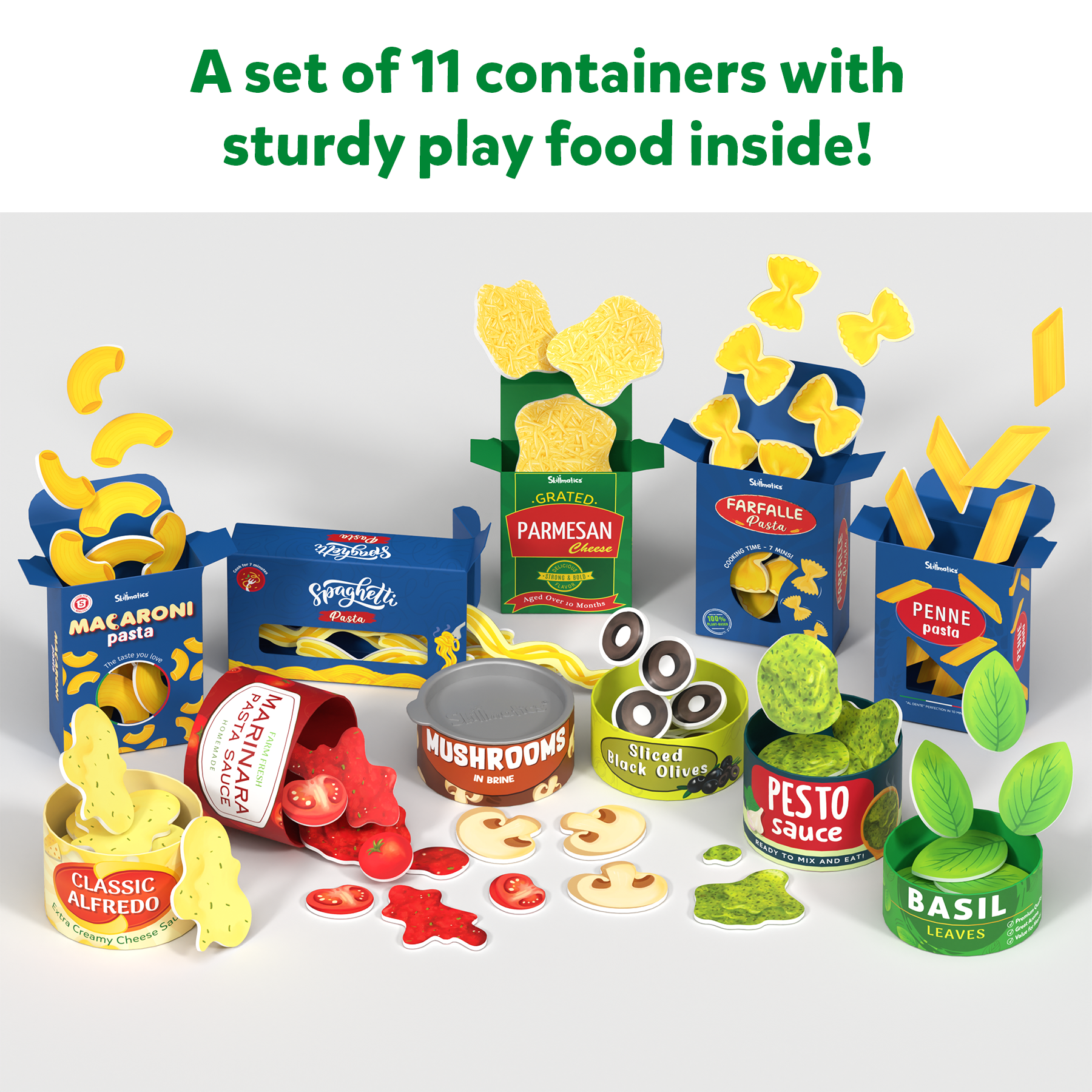 Skillmatics Pretend Play Pasta Set - 11 Containers, 120+ Play Food Items For Child's Play, Back-to-School Play Kitchen Accessories, Toy Kitchen, Gifts for Kids & Toddlers Ages 3, 4, 5, 6, 7