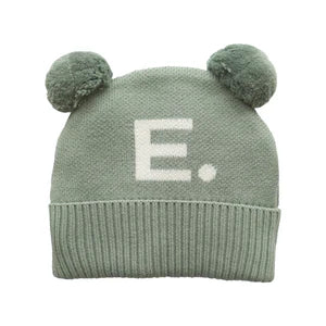 Double Pom Pom Beanie - Lily Pad; Letter: Ivory