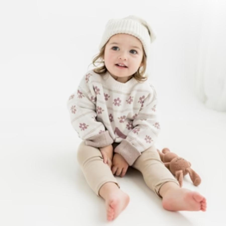 Letter Beanie Oatmeal; Letter: Rose Bloom; Flower: Rose Bloom; camel