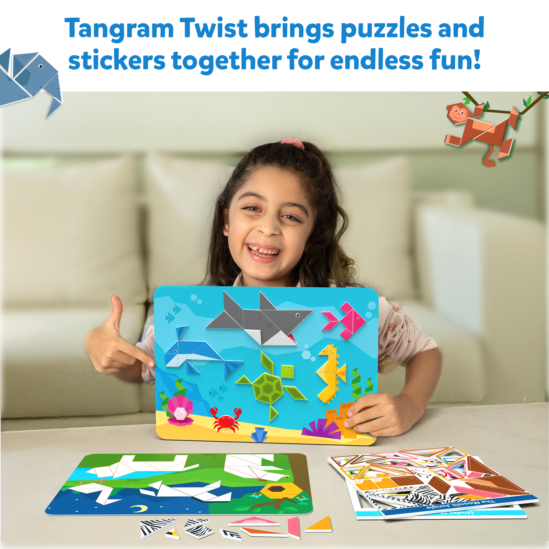 Skillmatics Art & Craft Activity - Tangram Twist Amazing Animals, STEAM Toy, Craft Kits, Puzzles, DIY Activity, No Mess Sticker Art, Educational for Boys & Girls, Gifts for Ages 4, 5, 6, 7