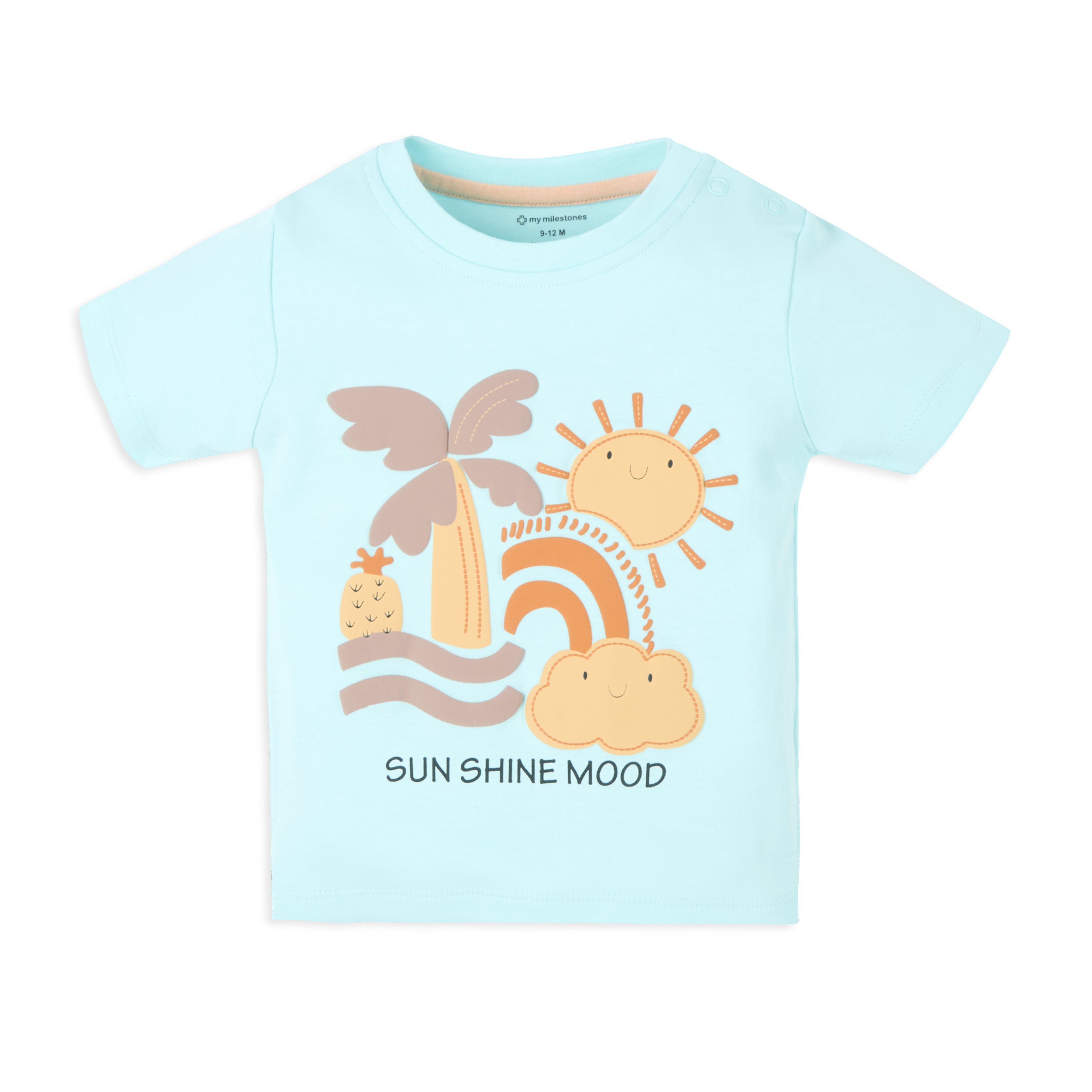 Puff Print Baby Boy Round Neck Tee with Shorts - Aqua
