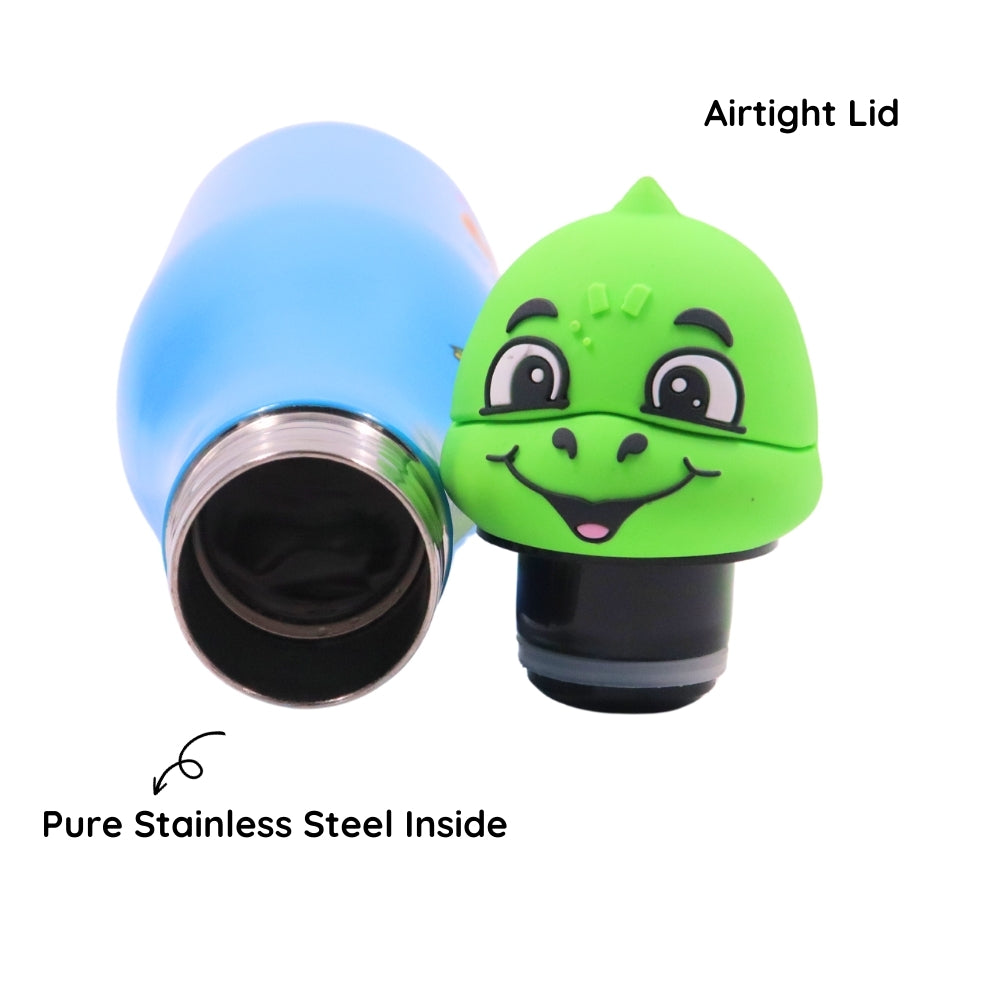 Scoobies Dino Head Stainless Steel Bottle | With Cute Dinosaur Cap | Wild Dino Print