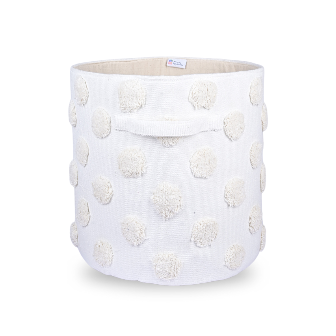 PomPom Large Round Beige Toy Storage Basket