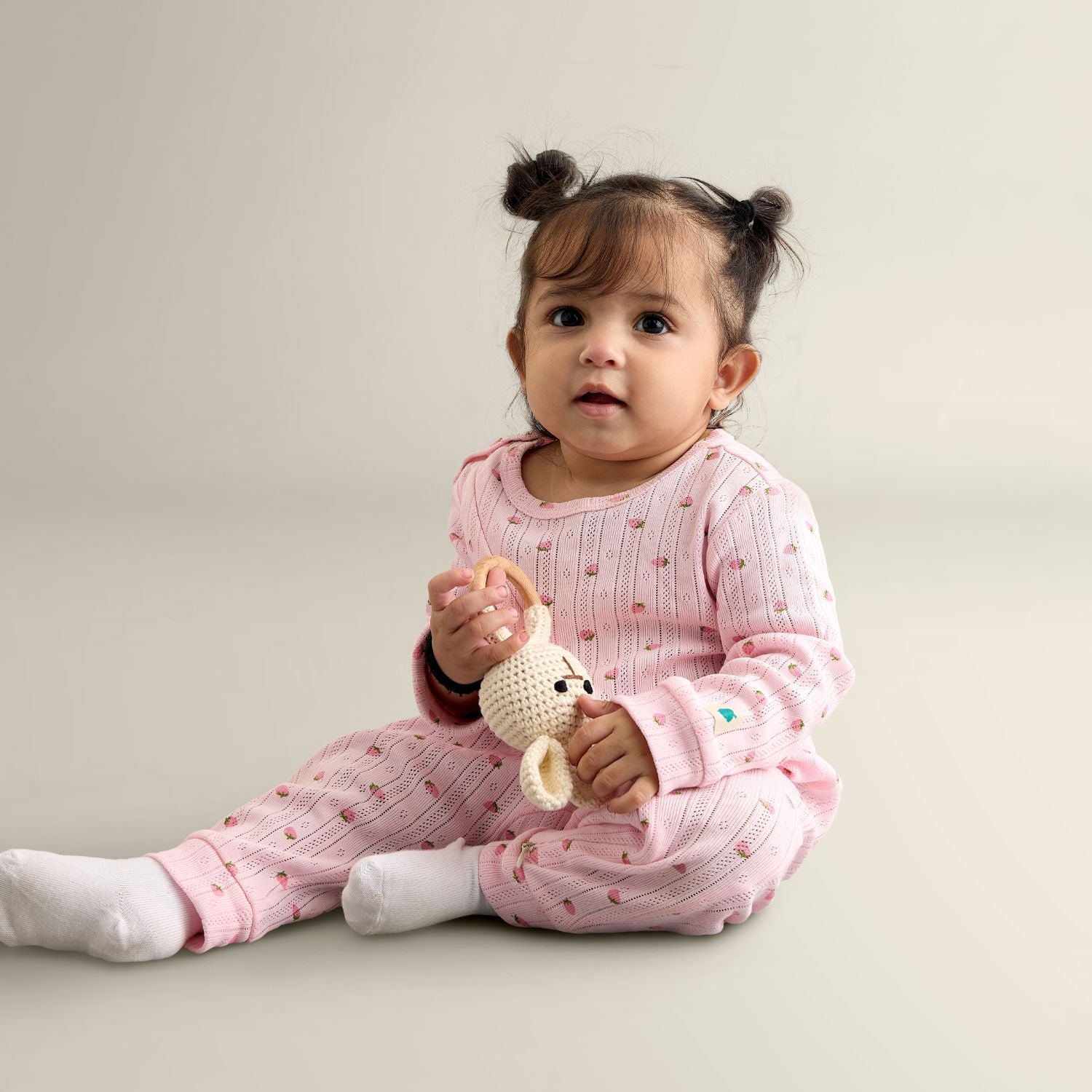 My Milestones Long Sleeves Pointelle Two Way Zipper Romper Strawberry Print - Pink