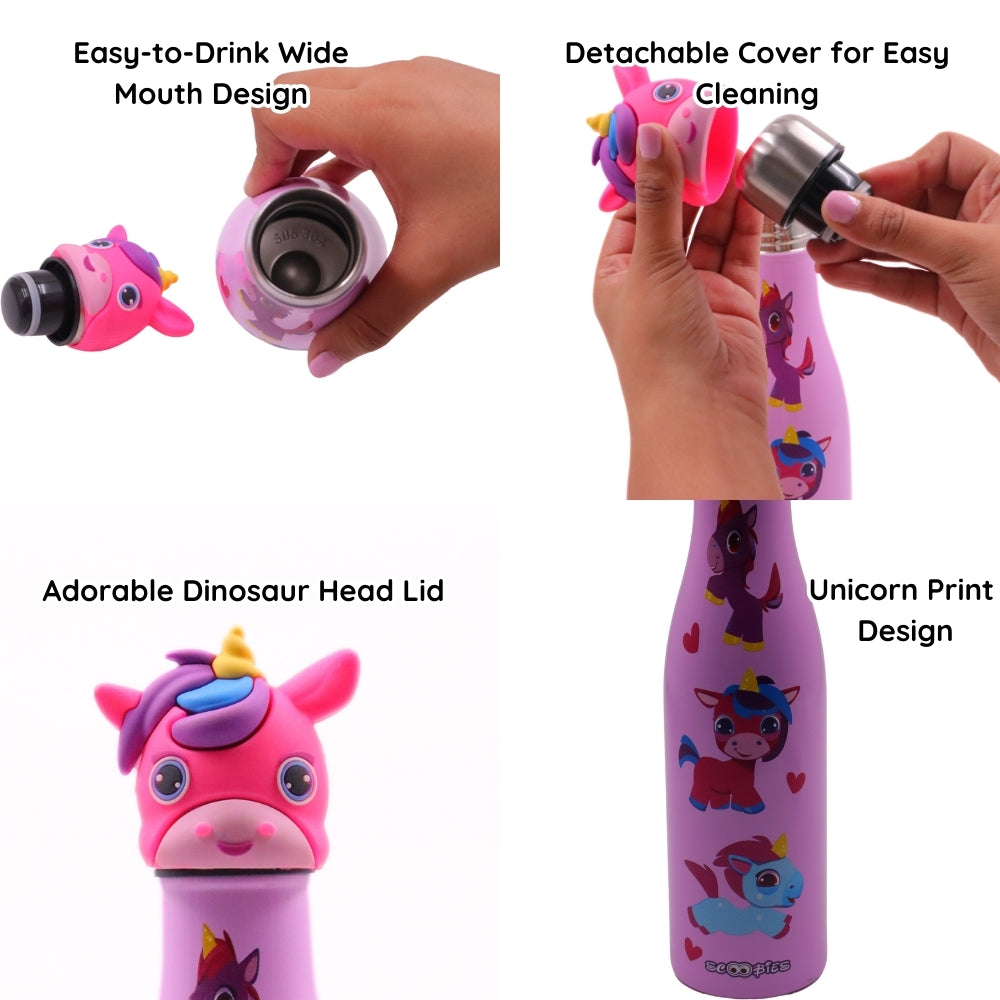Scoobies Unicorn Head Stainless Steel Bottle | With Cute Unicorn Cap | Cute Unicorn Print