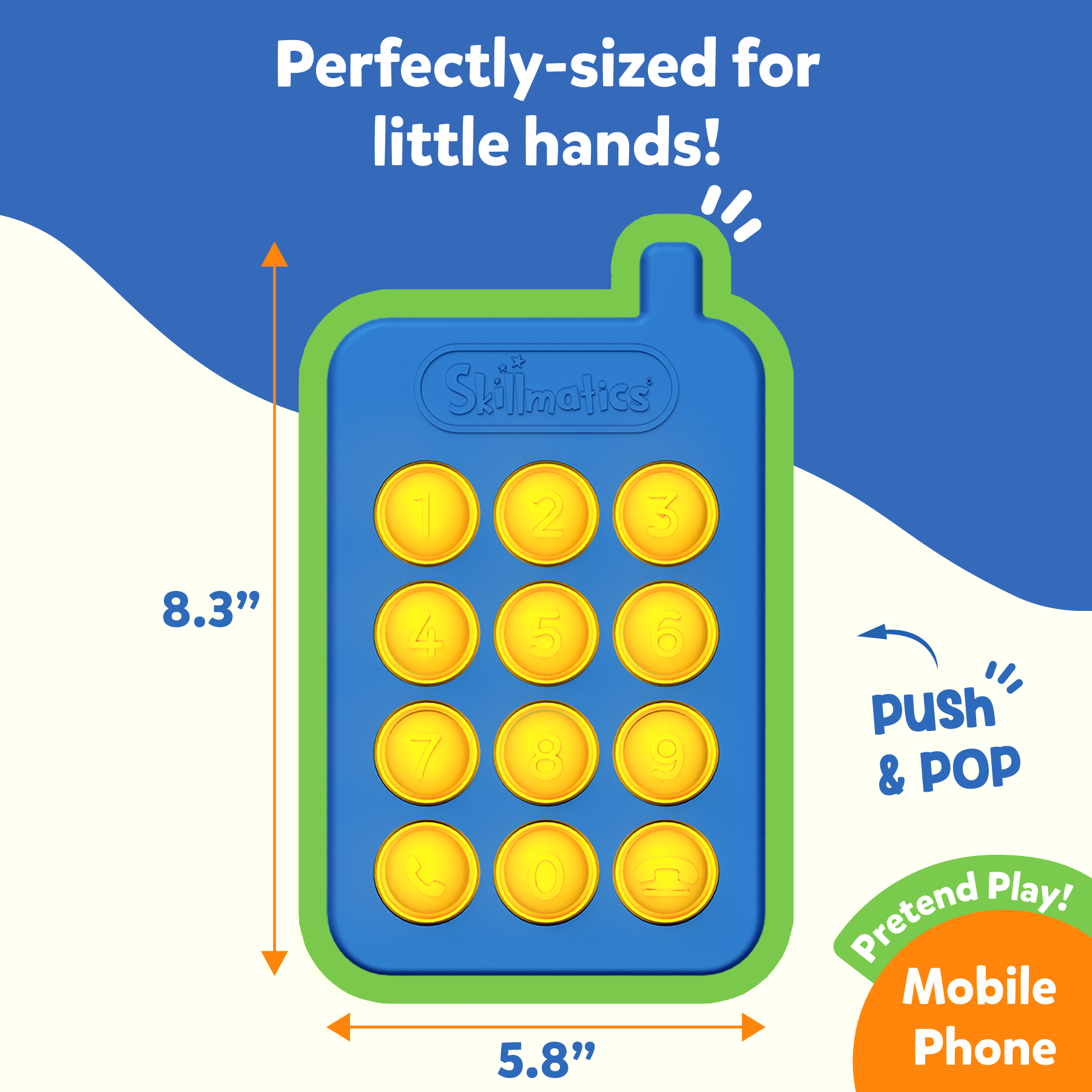 Skillmatics Push & Pop Mobile Phone for Kids - Pretend Play, Sensory & Fidget Toy, Food-Grade Silicone, Waterproof, Travel-Friendly, Child-Safe, Fine Motor Skills, Gifts for Infants 9-24 Months