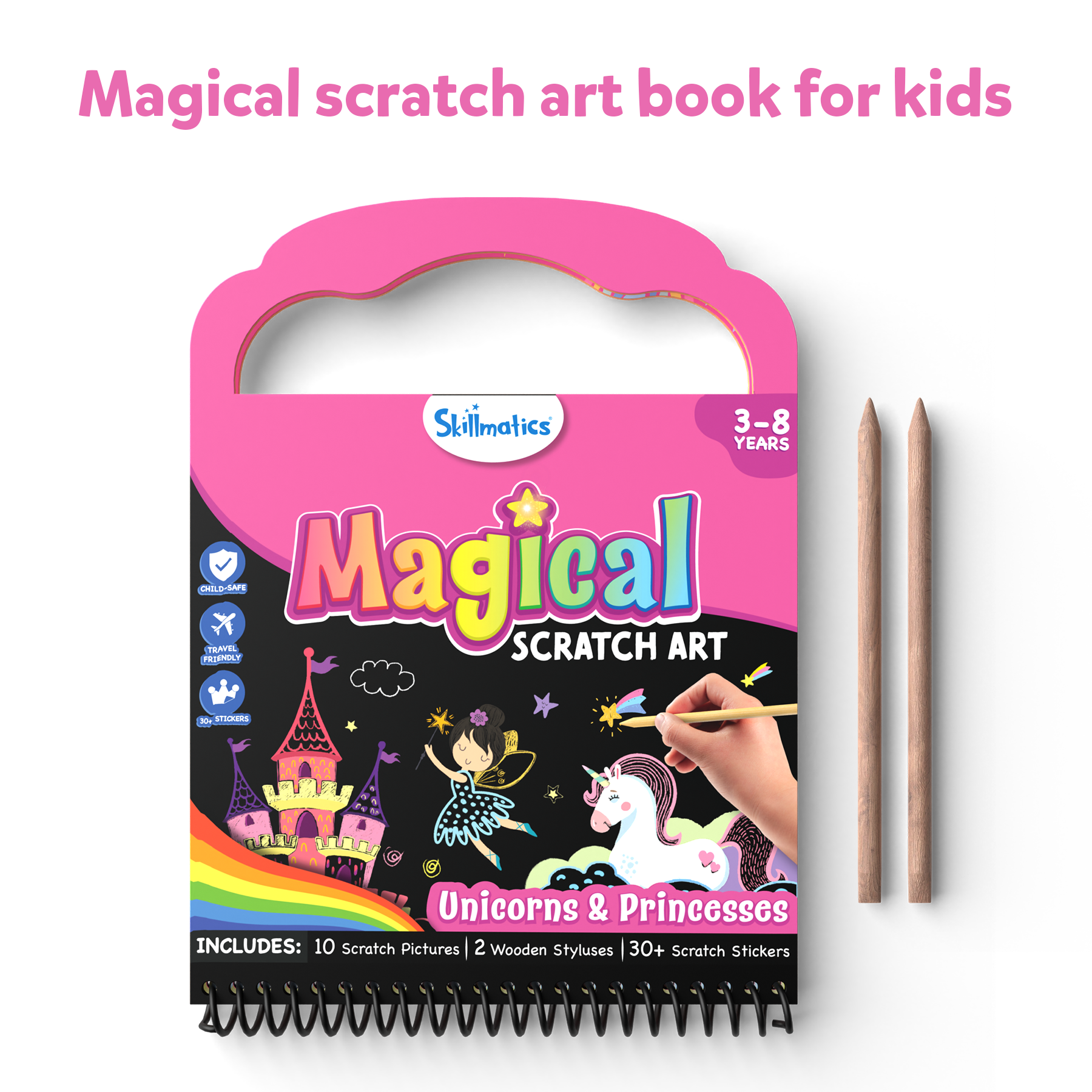 Skillmatics Magical Scratch Art Book for Kids - Unicorns & Princesses, Craft Kits, DIY Activity & Stickers, Gifts for Ages 3 to 8