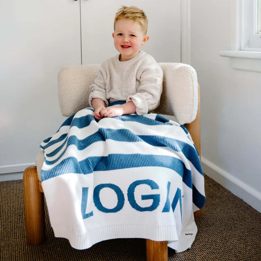 Hamptons Stripe Name Blanket - Ivory; Stripe: Denim Blue; Letter: Denim Blue