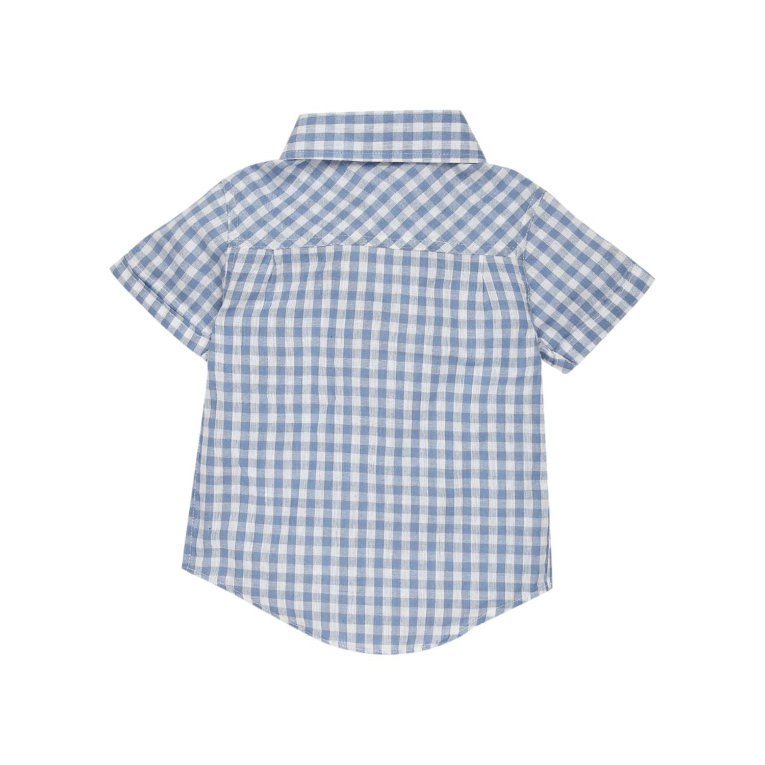Gingham Checks Shirt With Denim Shorts & Bear Applique - Blue