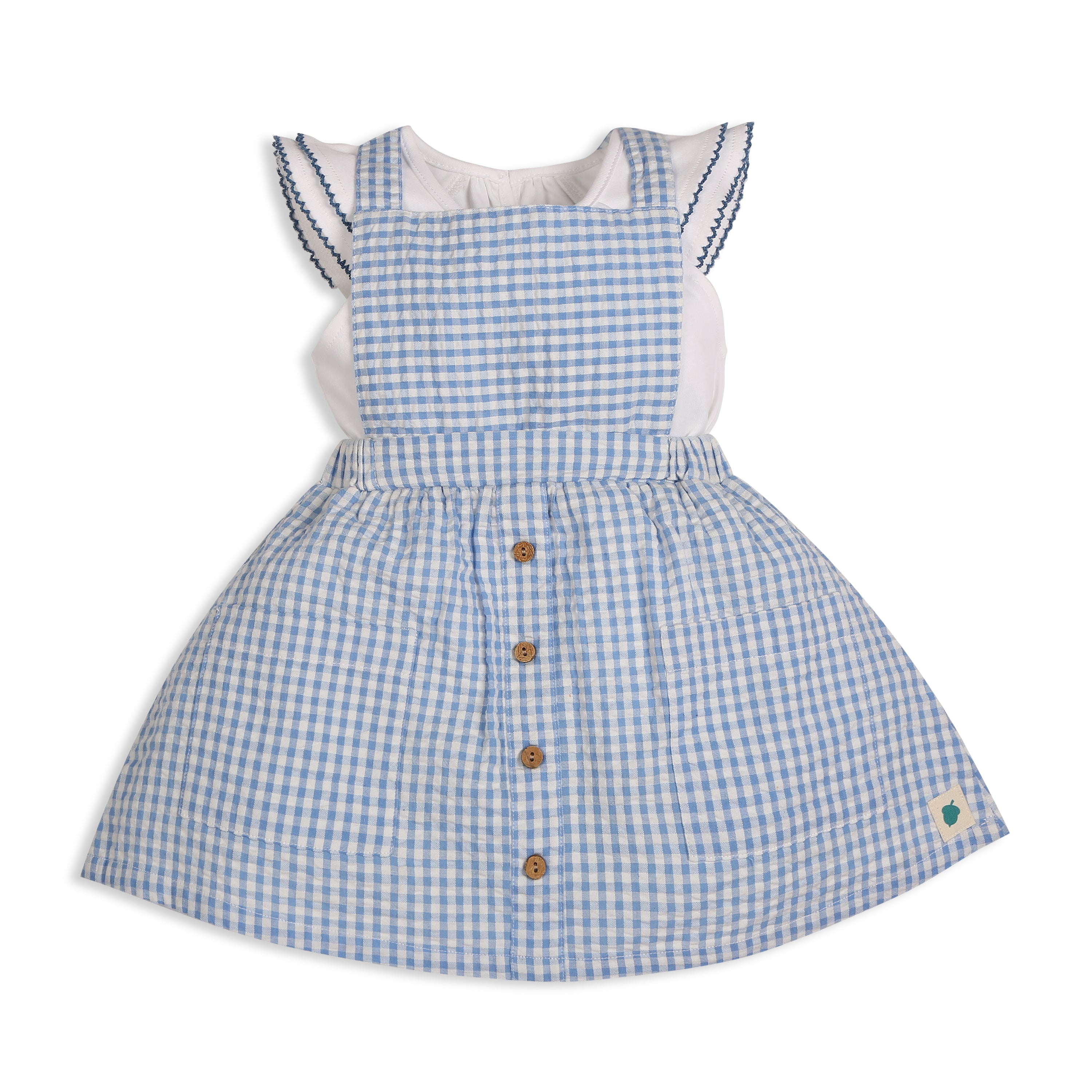 Meadow 100% Cotton Gingham Seersucker Dungaree with Knit Embroidered Tee & Peako Detail, Matching Hairband 3 PC Set - Blue & White