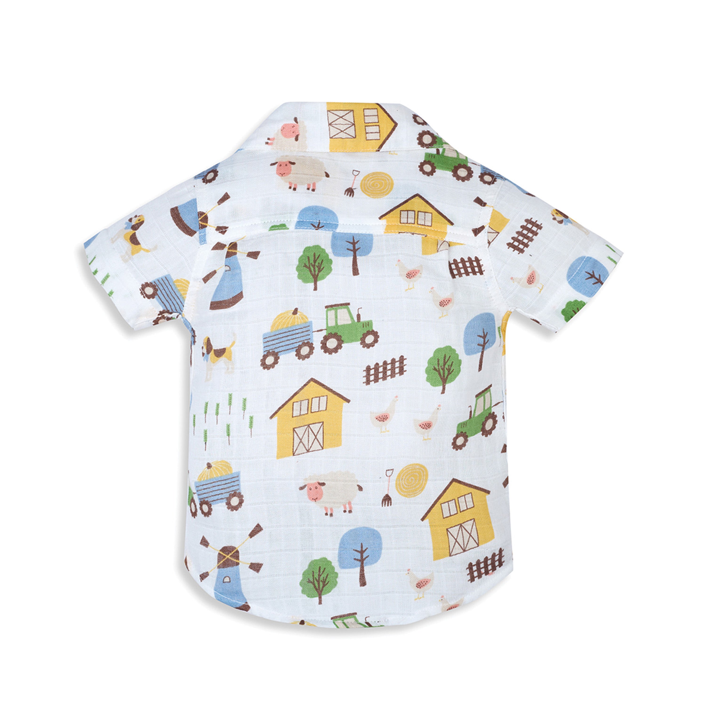 My Milestones Short Sleeves Front Open Soft Muslin Shirt with Barnyard Print and Pure Cotton Denims Set - White & Denim