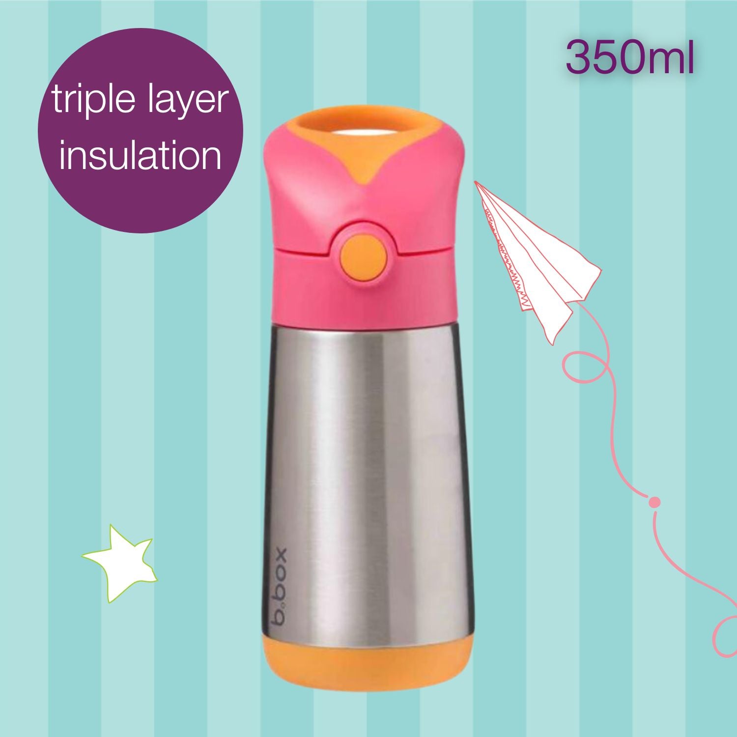 B.Box Insulated Straw Sipper Drink Water Bottle 350ml - Strawberry Shake Pink Orange