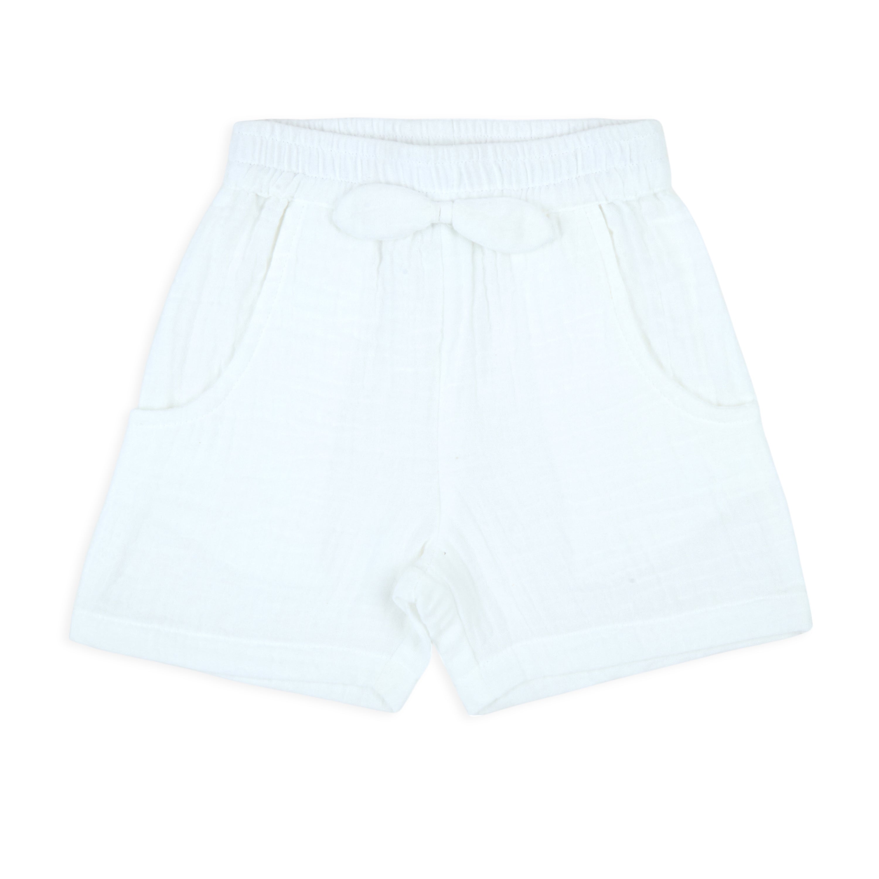 Printed Baby Girl Round Neck Tee With Double Cloth Woven Shorts - Baby Blue & White