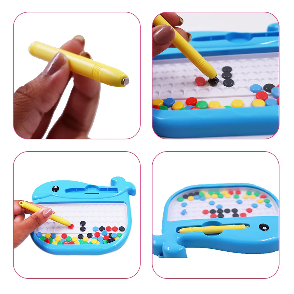 Scoo Tiny - Whale Shaped Magnetic Board with 45 Colorful Beads, 10 Pattern Sheets & a Stylus