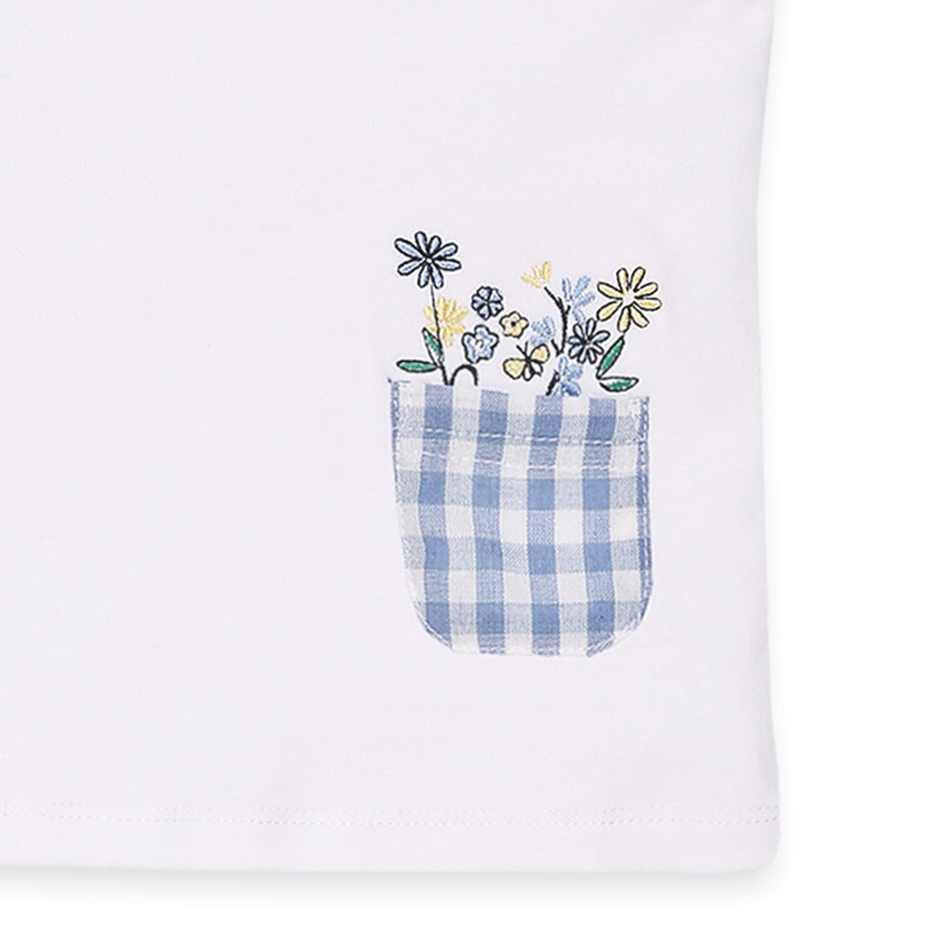 My Milestones 100% Cotton Tulip Sleeve Tee With Ruffle Gingham Shorts & Hairband - White & Blue