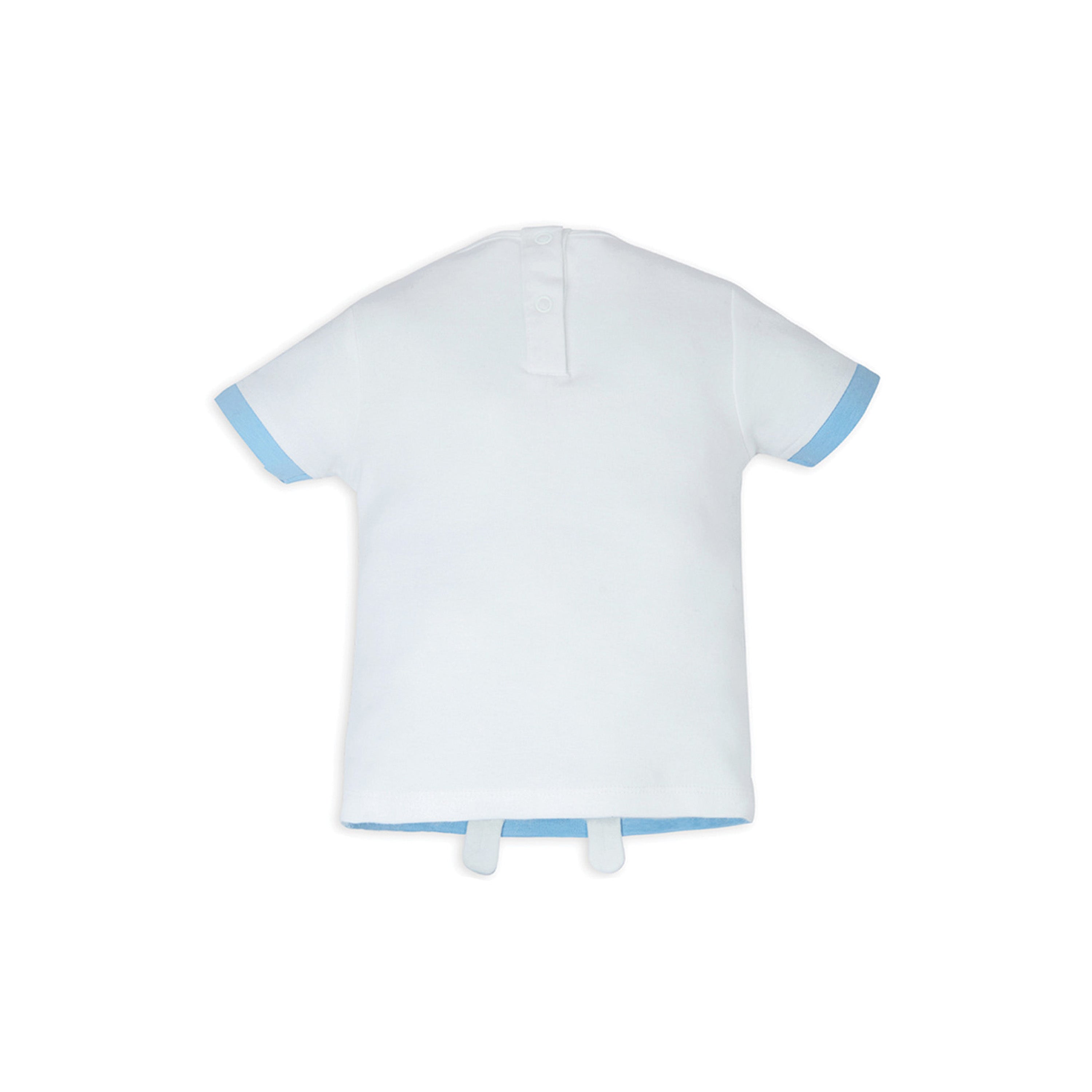 My Milestones Bio-Wash 100% Cotton Barnyard Dog Applique Embroidered Tee with Color Block Shorts - White & Blue