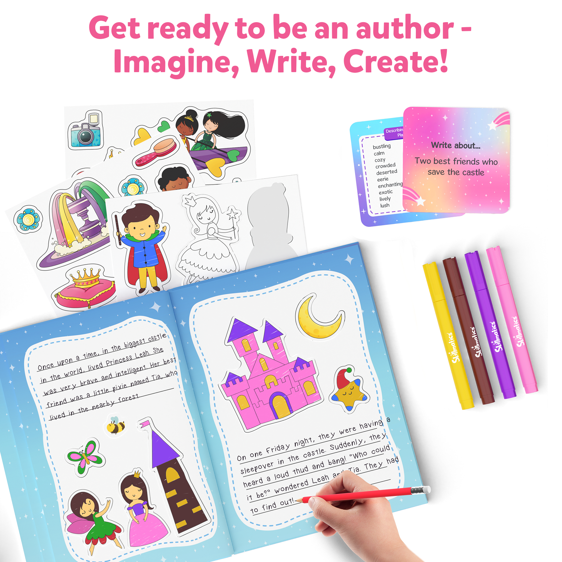 Skillmatics Storybook Art Kit - Unicorn & Princesses Art Kit for Kids, Write & Create Fairytale Storybooks, Creative Activity for Girls, DIY Kit, 150+ Stickers, Gifts for Ages 5, 6, 7, 8, 9, 10
