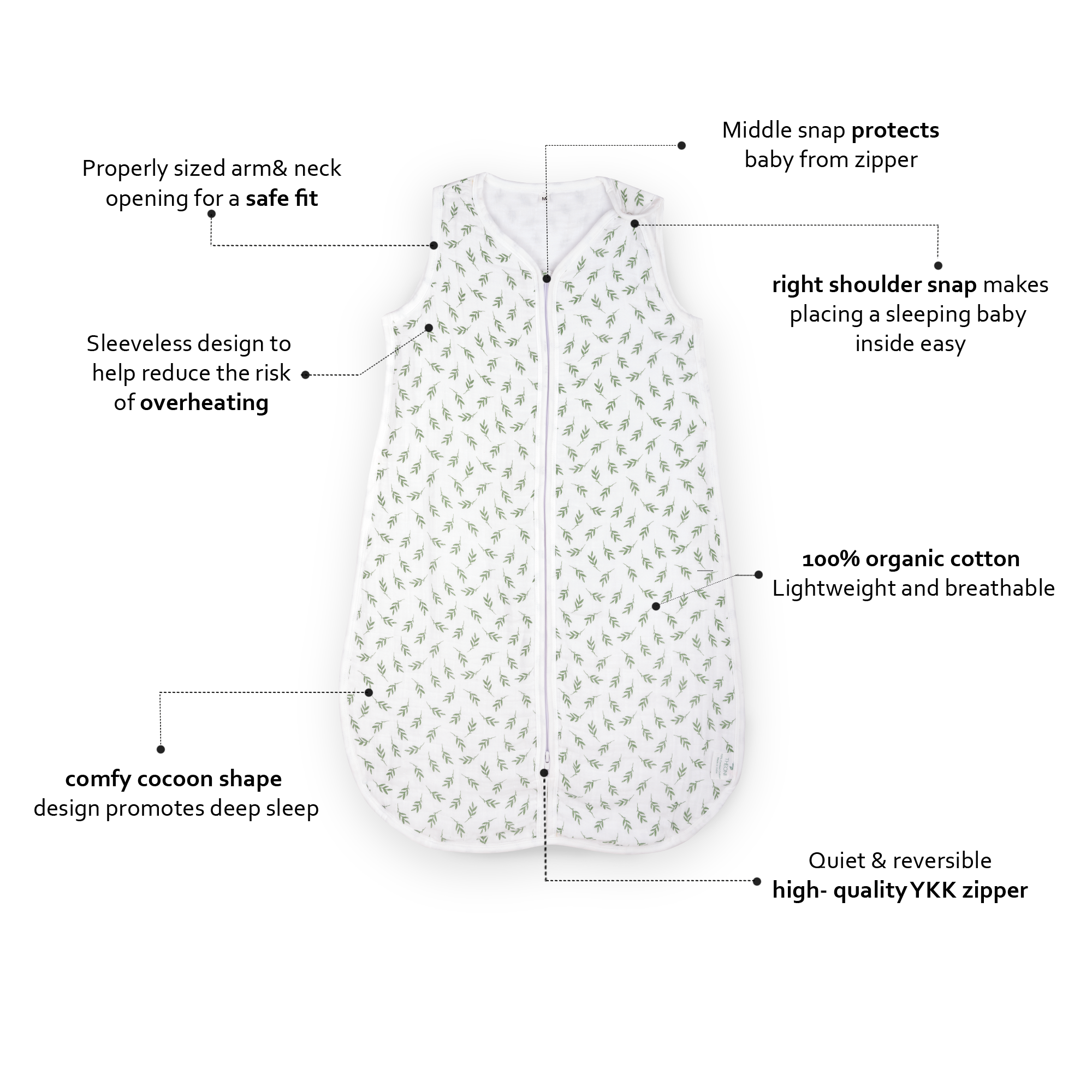 Theoni 100% Cotton Muslin Baby Sleeping Bag - Hedge Green Leaf