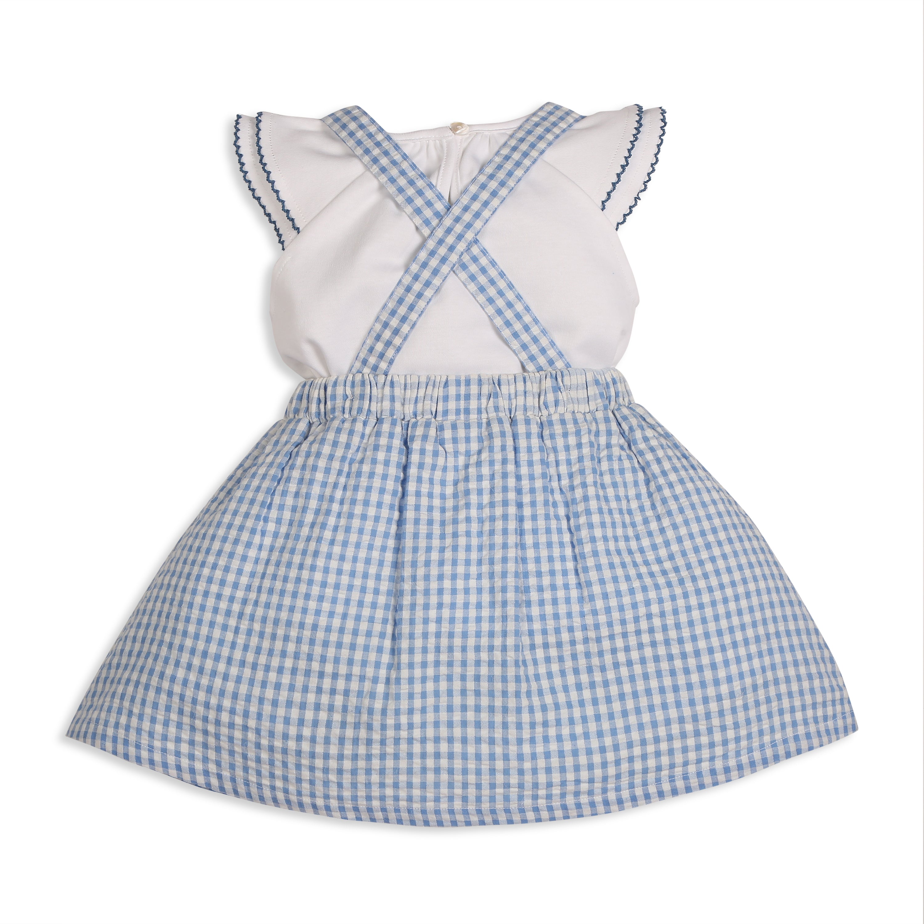 Meadow 100% Cotton Gingham Seersucker Dungaree with Knit Embroidered Tee & Peako Detail, Matching Hairband 3 PC Set - Blue & White