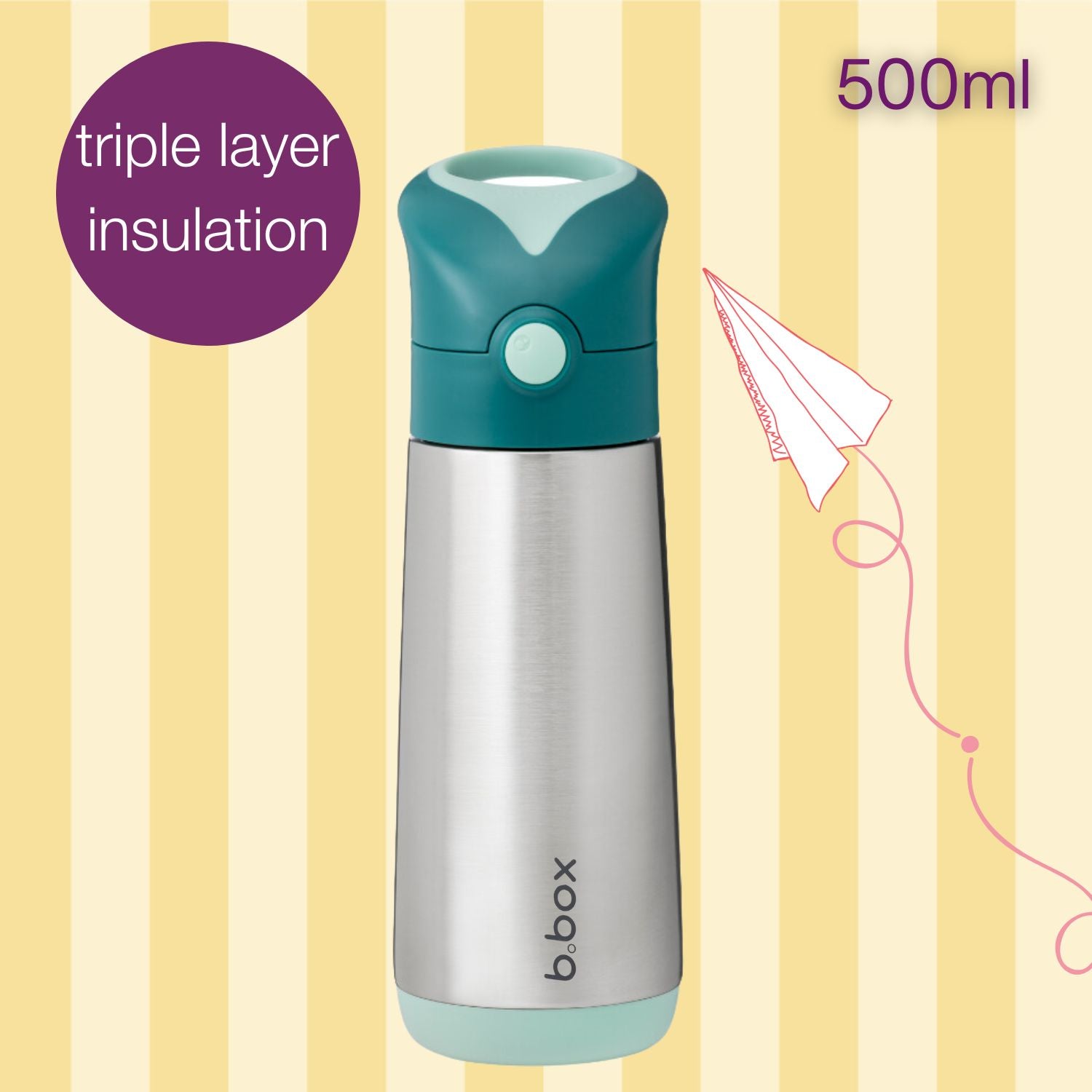 b.box Insulated Straw Sipper Drink Water Bottle 500ml Emerald Forest Green