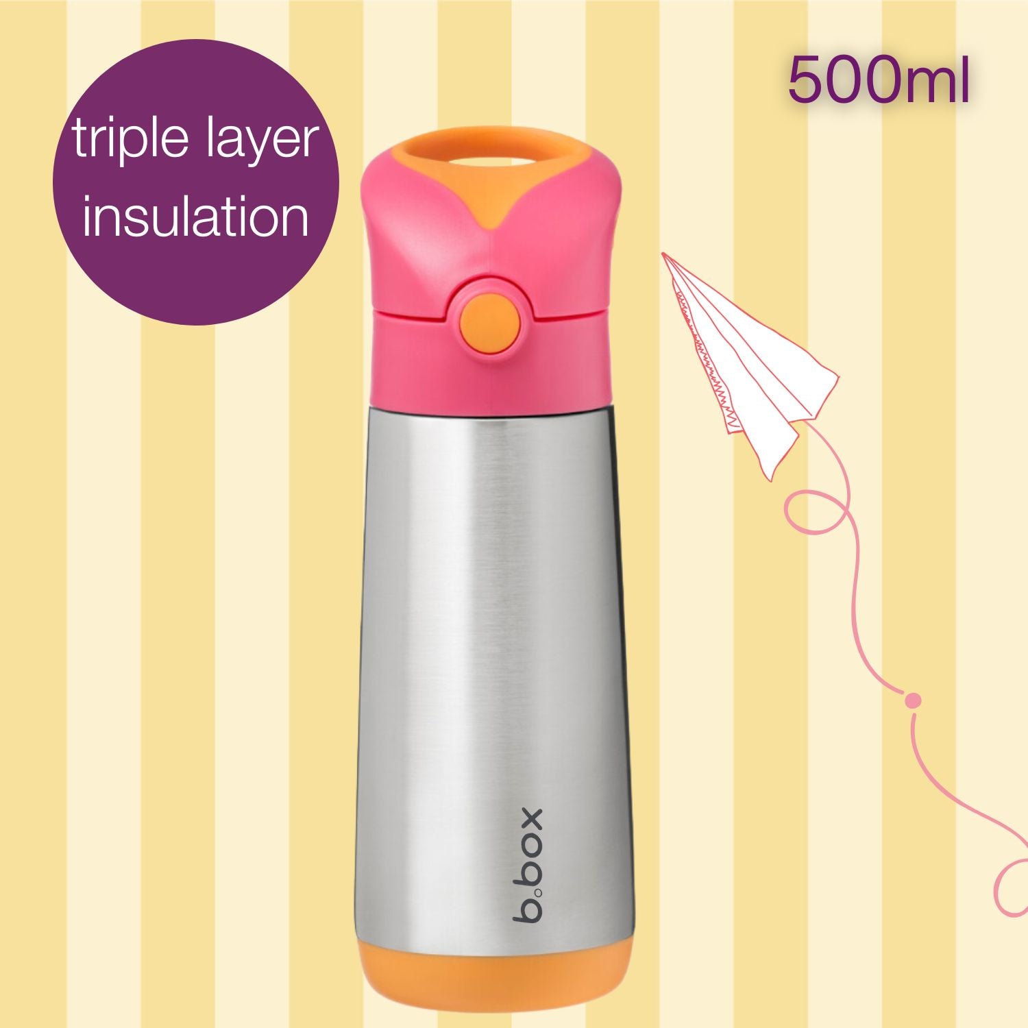 b.box Insulated Straw Sipper Drink Water Bottle 500ml- Strawberry Shake PInk Orange