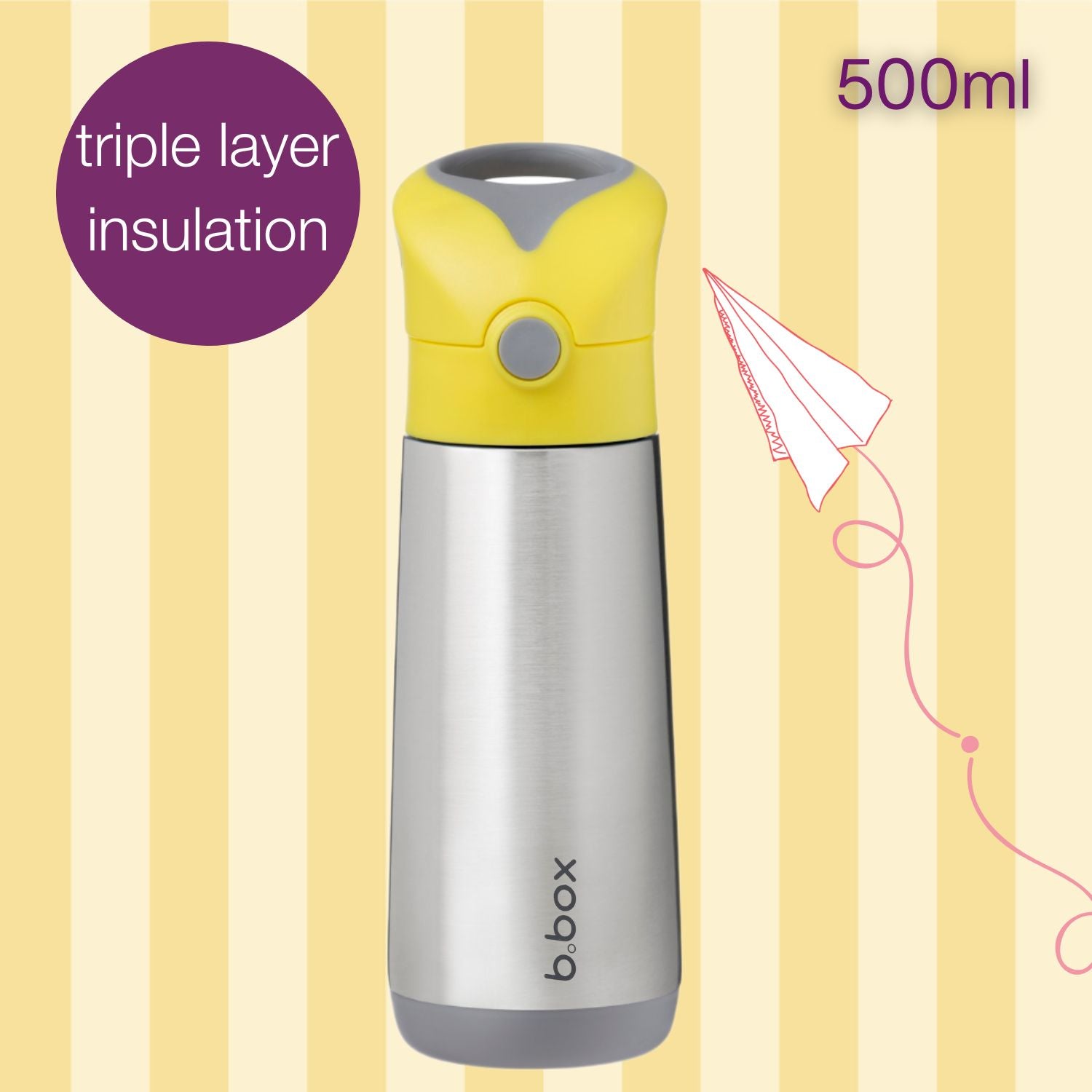 b.box Insulated Straw Sipper Drink Water Bottle 500ml- Lemon Sherbet Yellow Grey