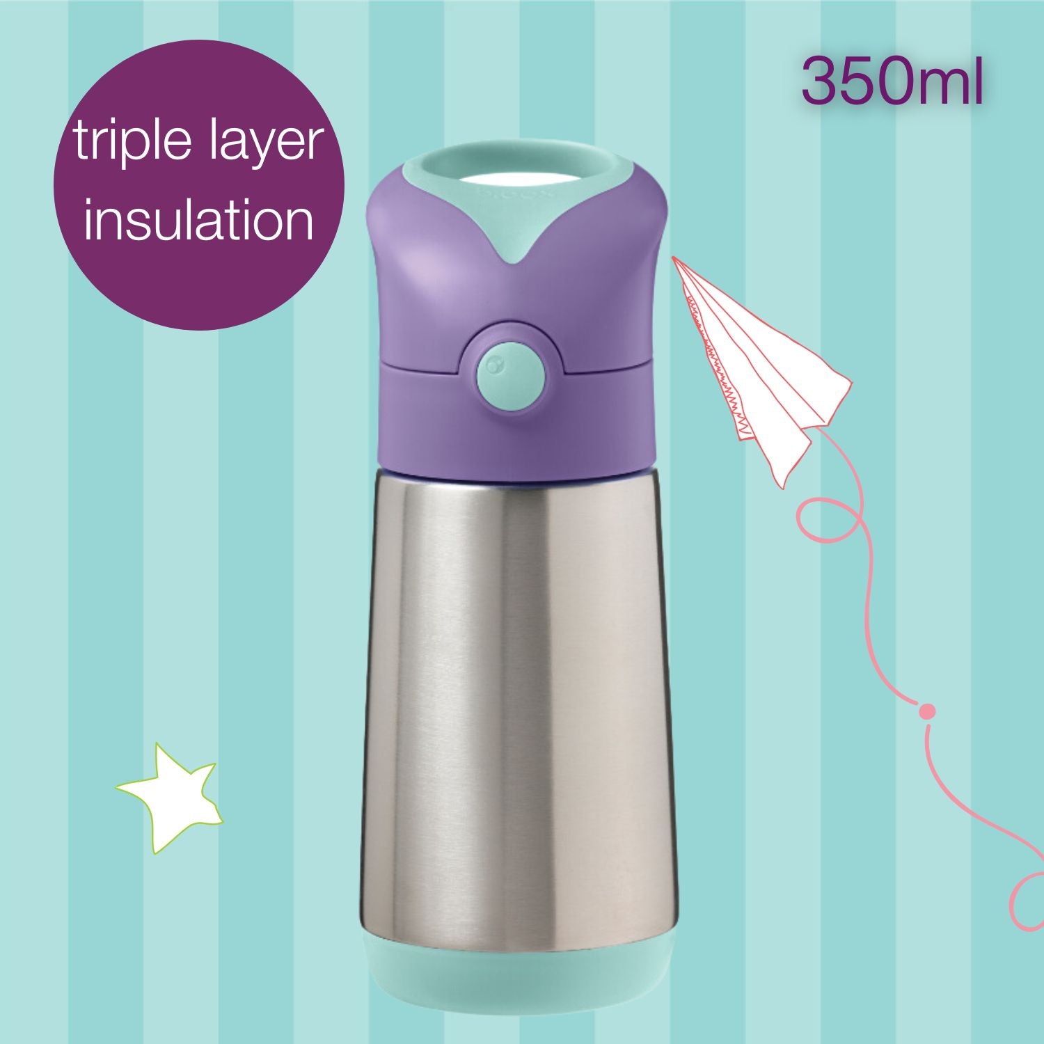 b.box Insulated Straw Sipper Drink Water Bottle 350ml Lilac Pop Purple