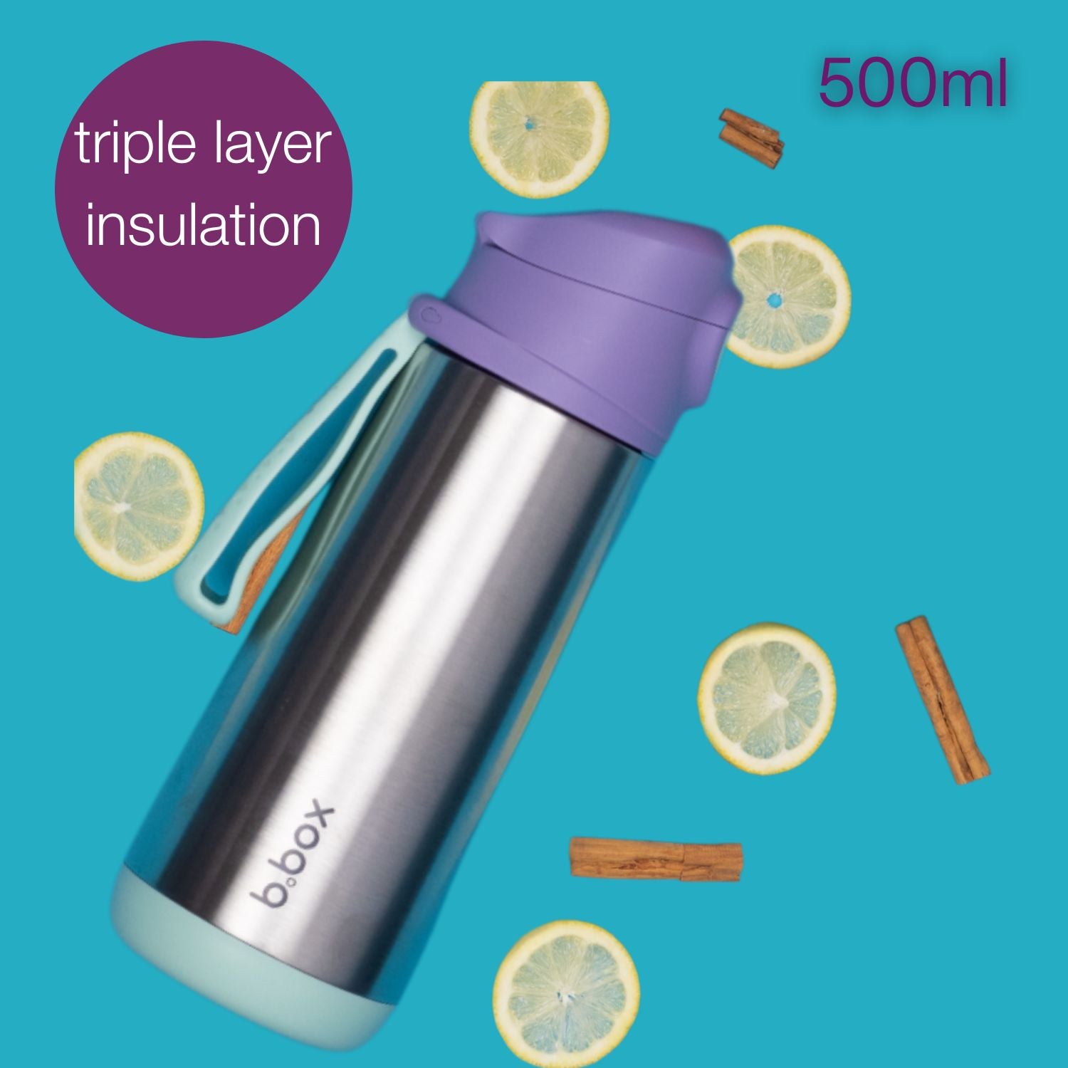 b.box Insulated Sport Spout Drink Water Bottle 500ml Lilac Pop Purple