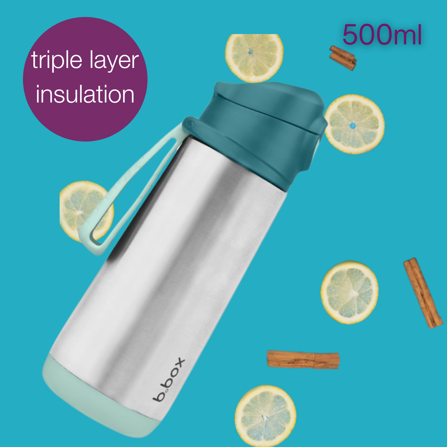 b.box Insulated Sport Spout Drink Water Bottle 500ml Emerald Forest Green