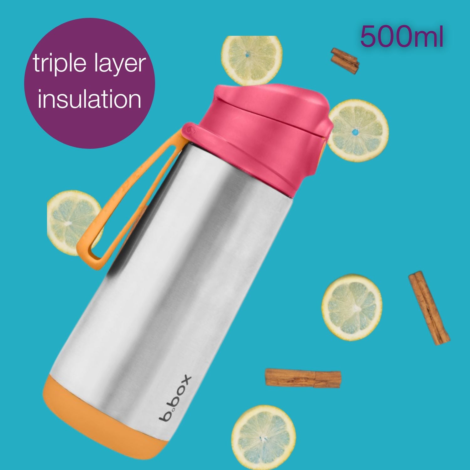 b.box Insulated Sport Spout Drink Water Bottle 500ml Strawberry Shake PInk Orange