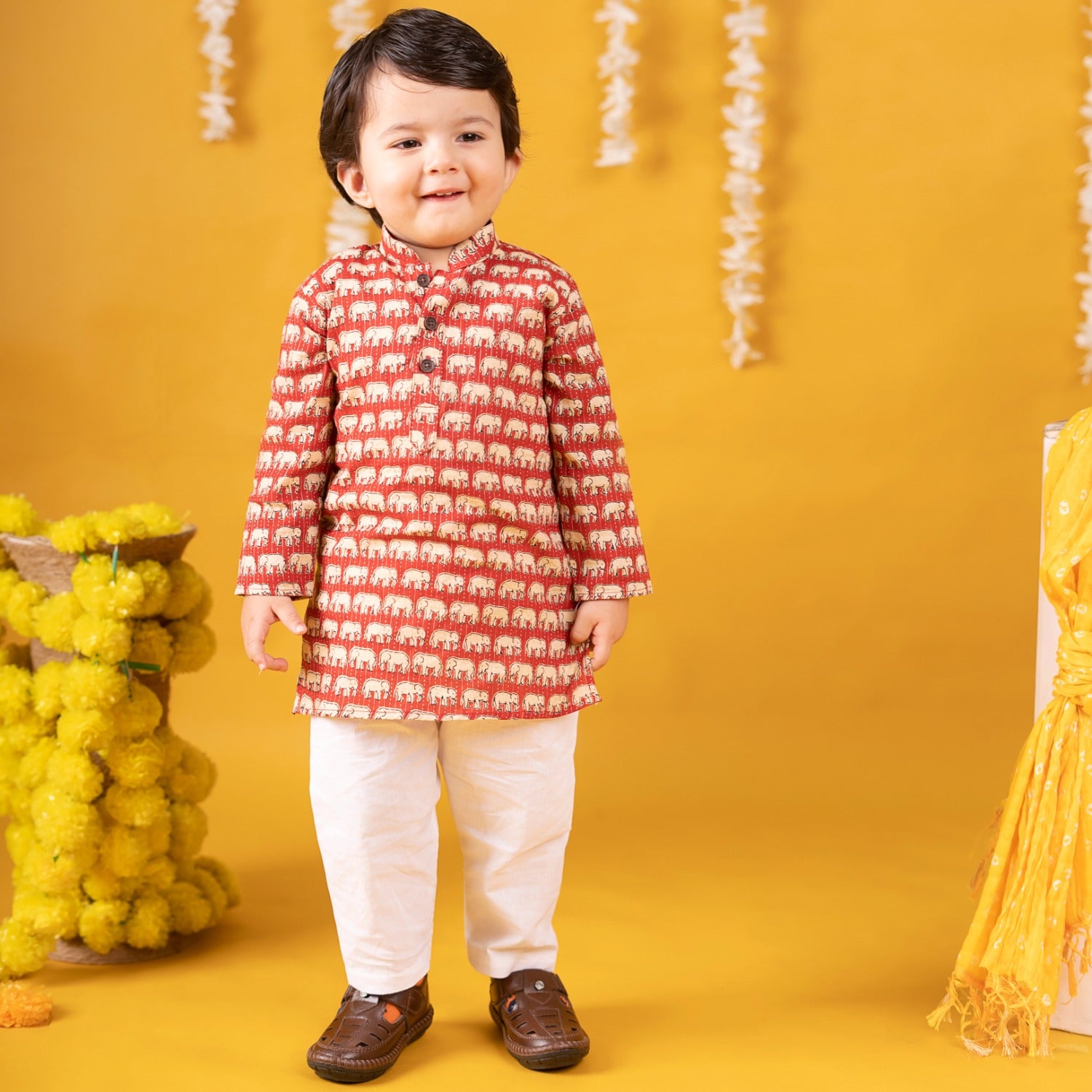 Baby Moo x Kurta Co. Traditional Ethnic Breathable Cotton Kurta Pajama Set with Enchanting Kantha Elephant Print - Red