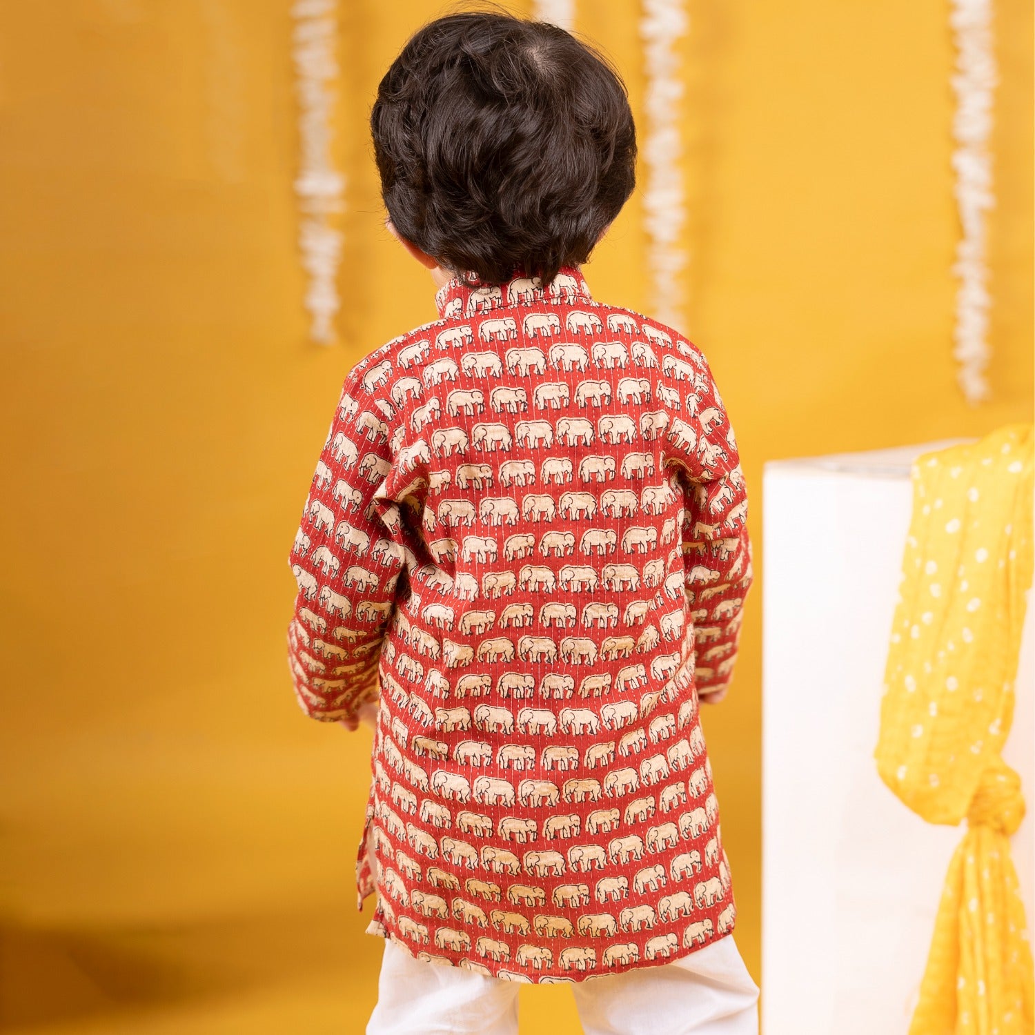 Baby Moo x Kurta Co. Traditional Ethnic Breathable Cotton Kurta Pajama Set with Enchanting Kantha Elephant Print - Red