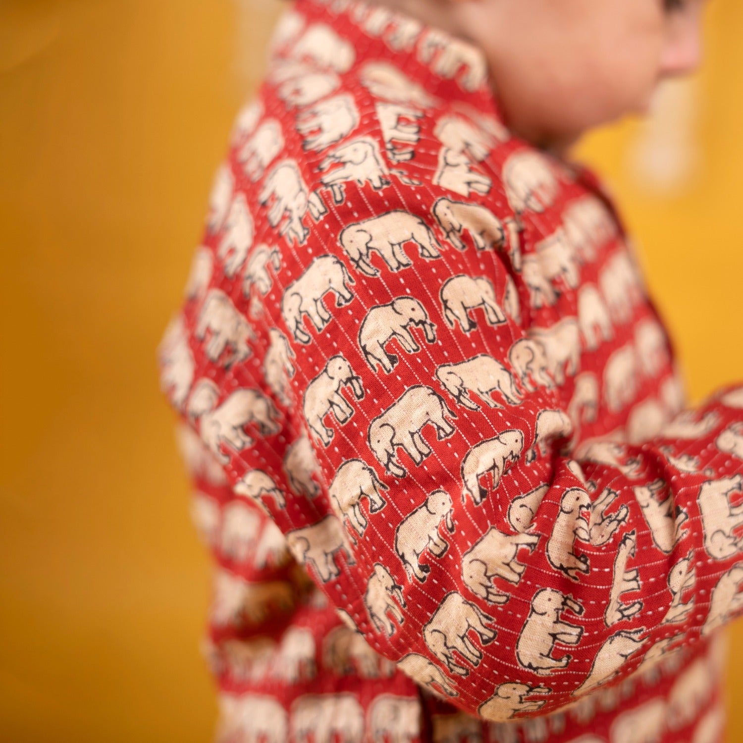 Baby Moo x Kurta Co. Traditional Ethnic Breathable Cotton Kurta Pajama Set with Enchanting Kantha Elephant Print - Red