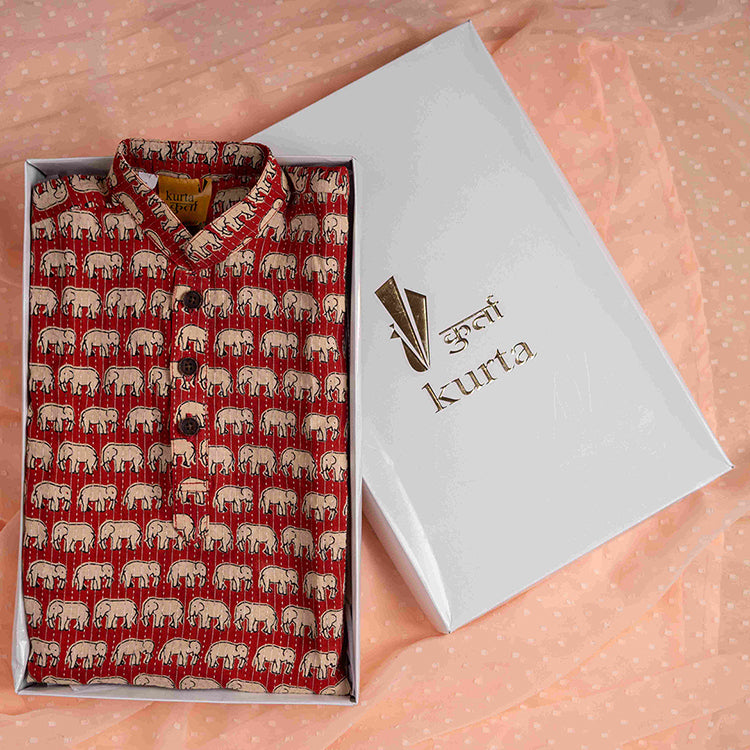 Baby Moo x Kurta Co. Traditional Ethnic Breathable Cotton Kurta Pajama Set with Enchanting Kantha Elephant Print - Red