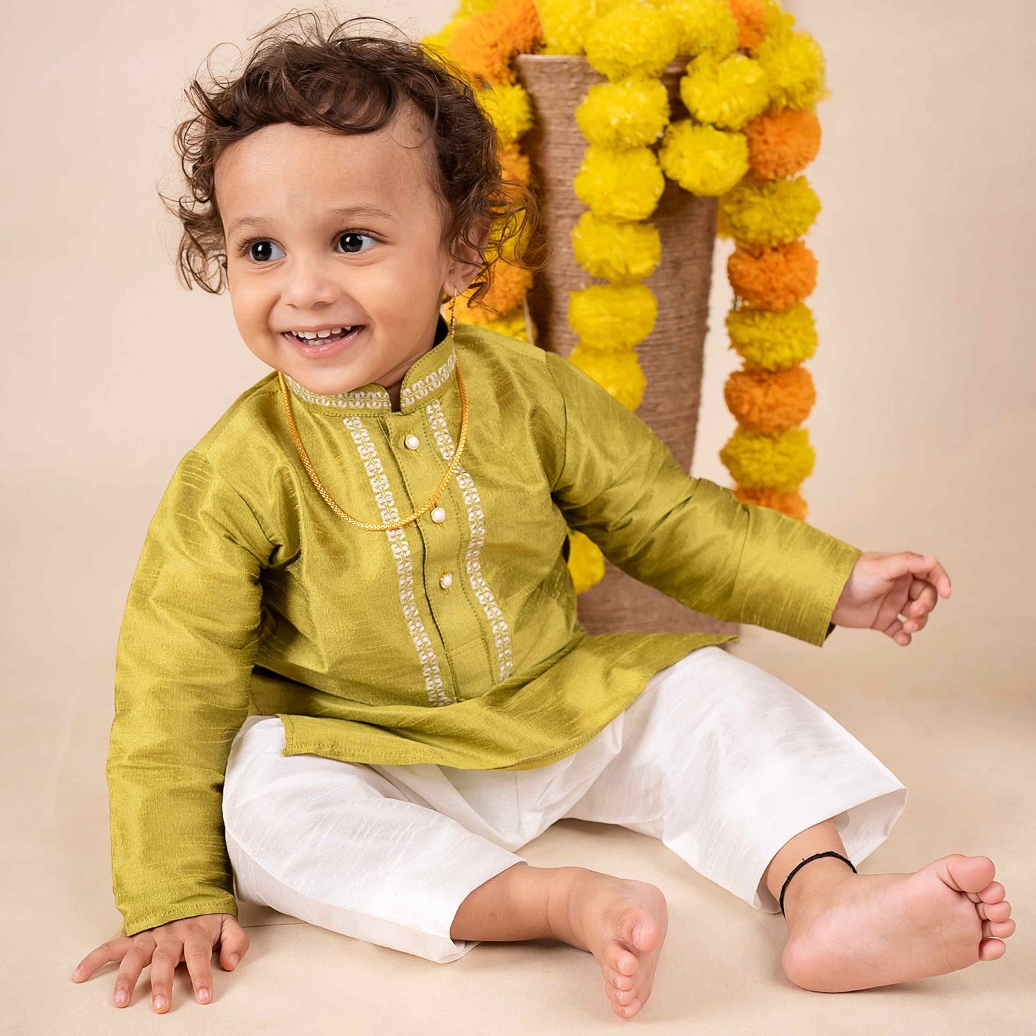 Baby Moo x Kurta Co. Traditional Dhoti Khandwa Kurta Set | Soft Banaras Silk With Gold Border | Premium Plastic Gift Box 6pcs - Green