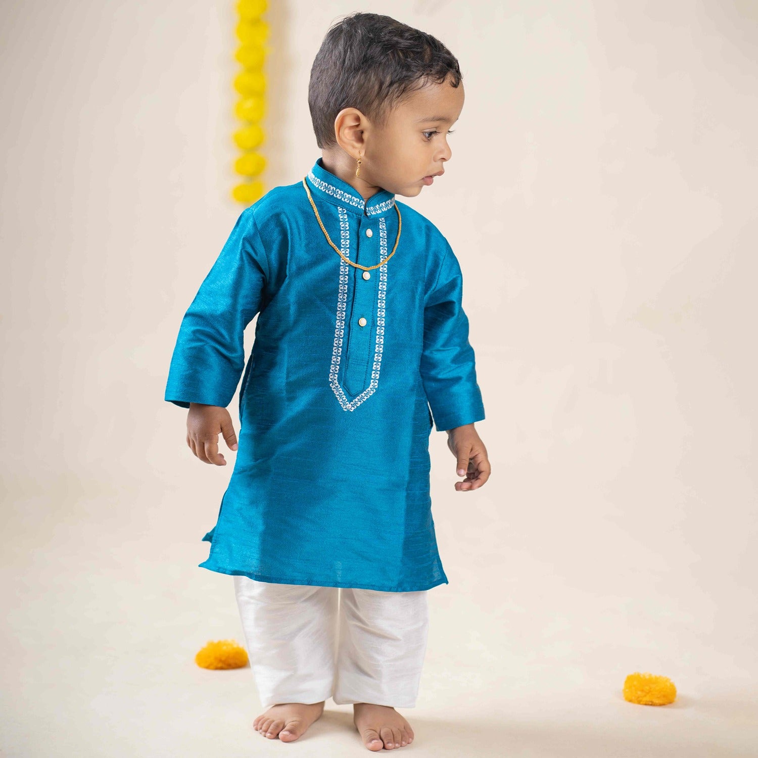 Baby Moo x Kurta Co. Traditional Dhoti Khandwa Kurta Set | Soft Banaras Silk With Gold Border | Premium Plastic Gift Box 6pcs - Turquoise
