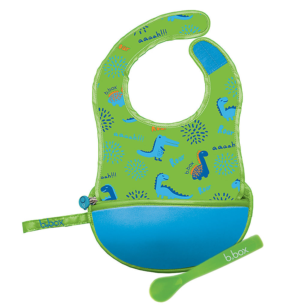 B.Box Travel Bib & Flexible Soft Bite Spoon Set Dino Time Blue Green